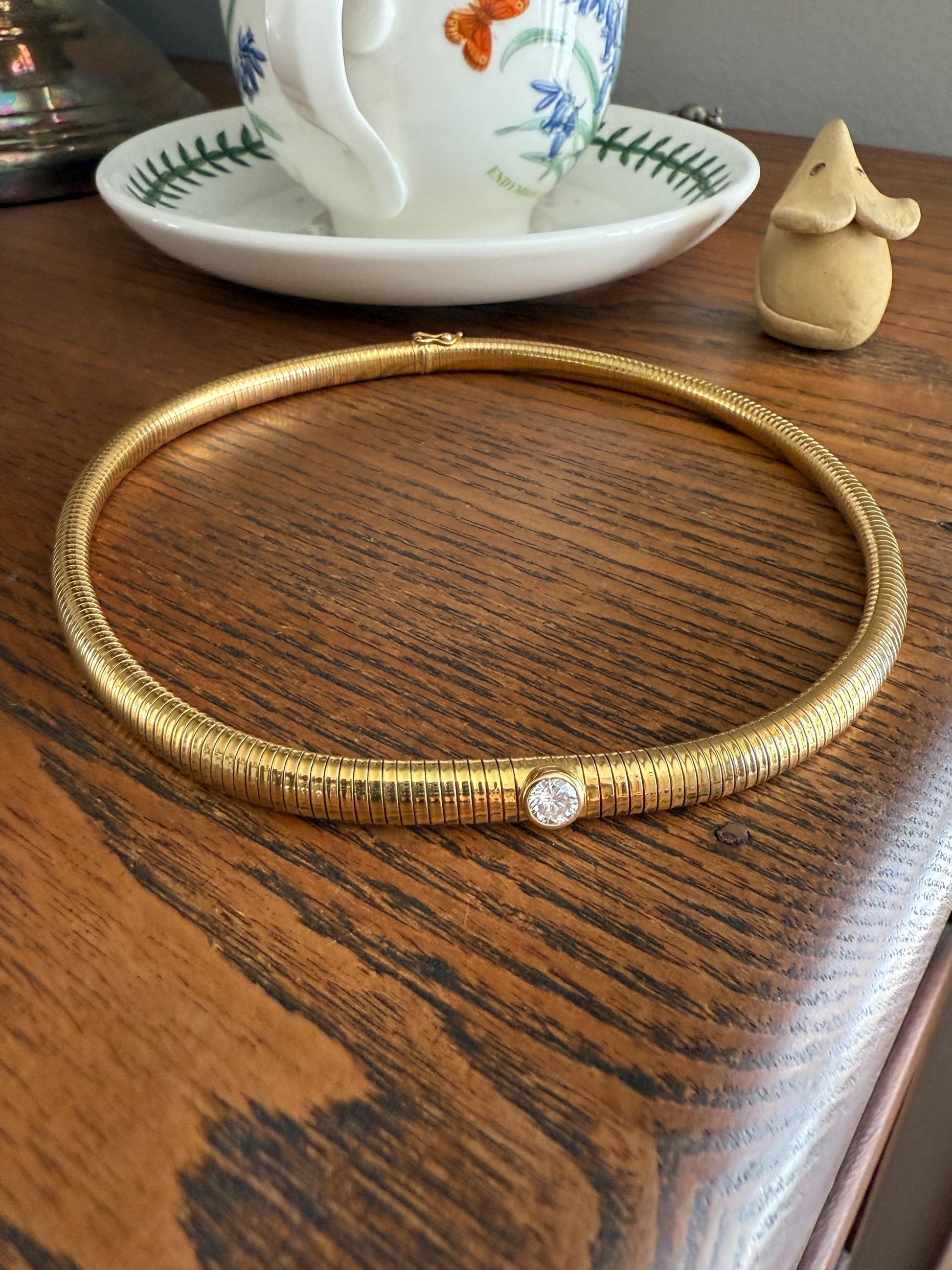 HEAVY Vintage Tubogas Chain 43g 18k GOLD Solid Bezel Set Brilliant Cut DIAMOND French Retro Necklace Springy Chunky 3D Choker