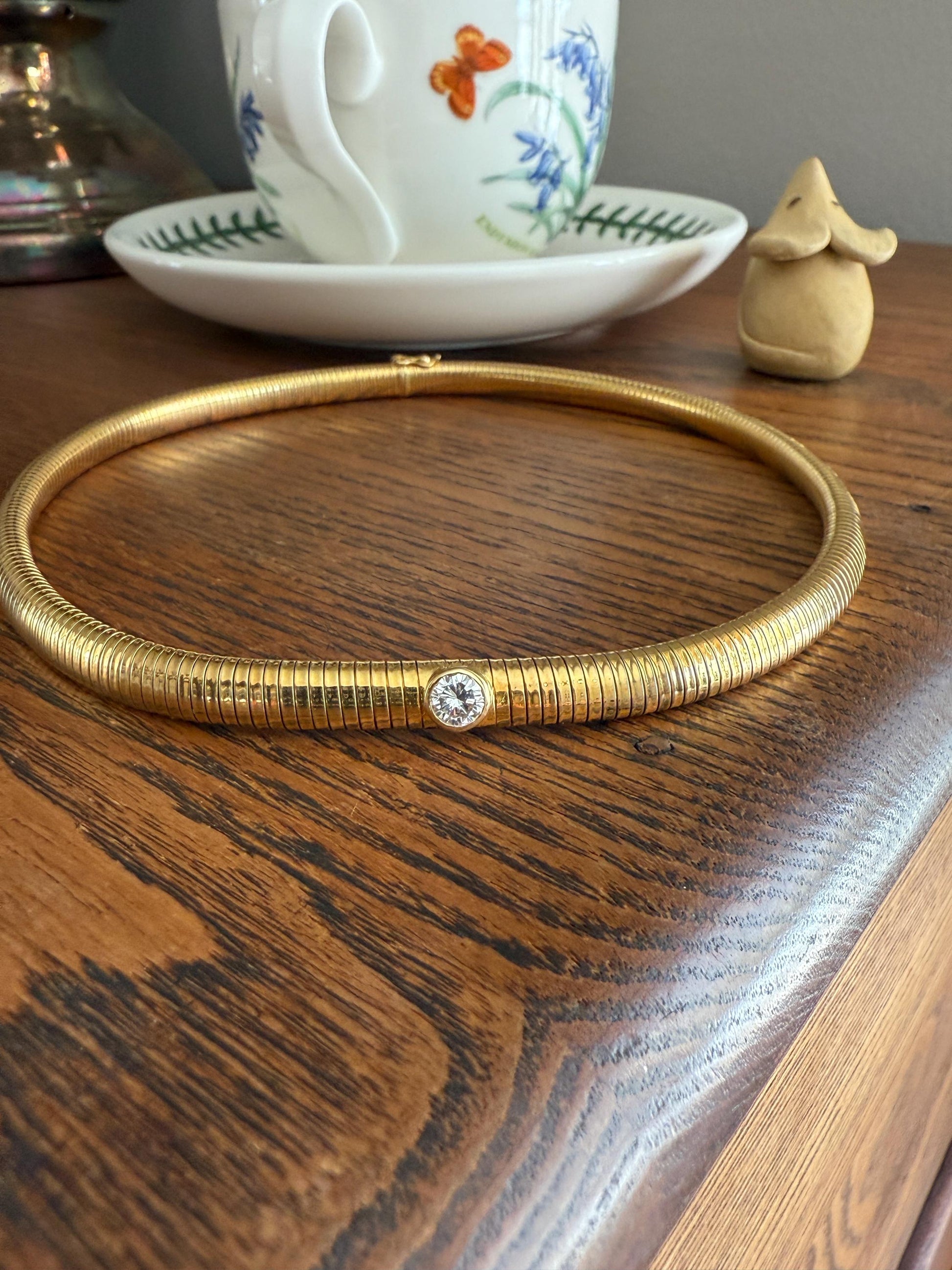 HEAVY Vintage Tubogas Chain 43g 18k GOLD Solid Bezel Set Brilliant Cut DIAMOND French Retro Necklace Springy Chunky 3D Choker