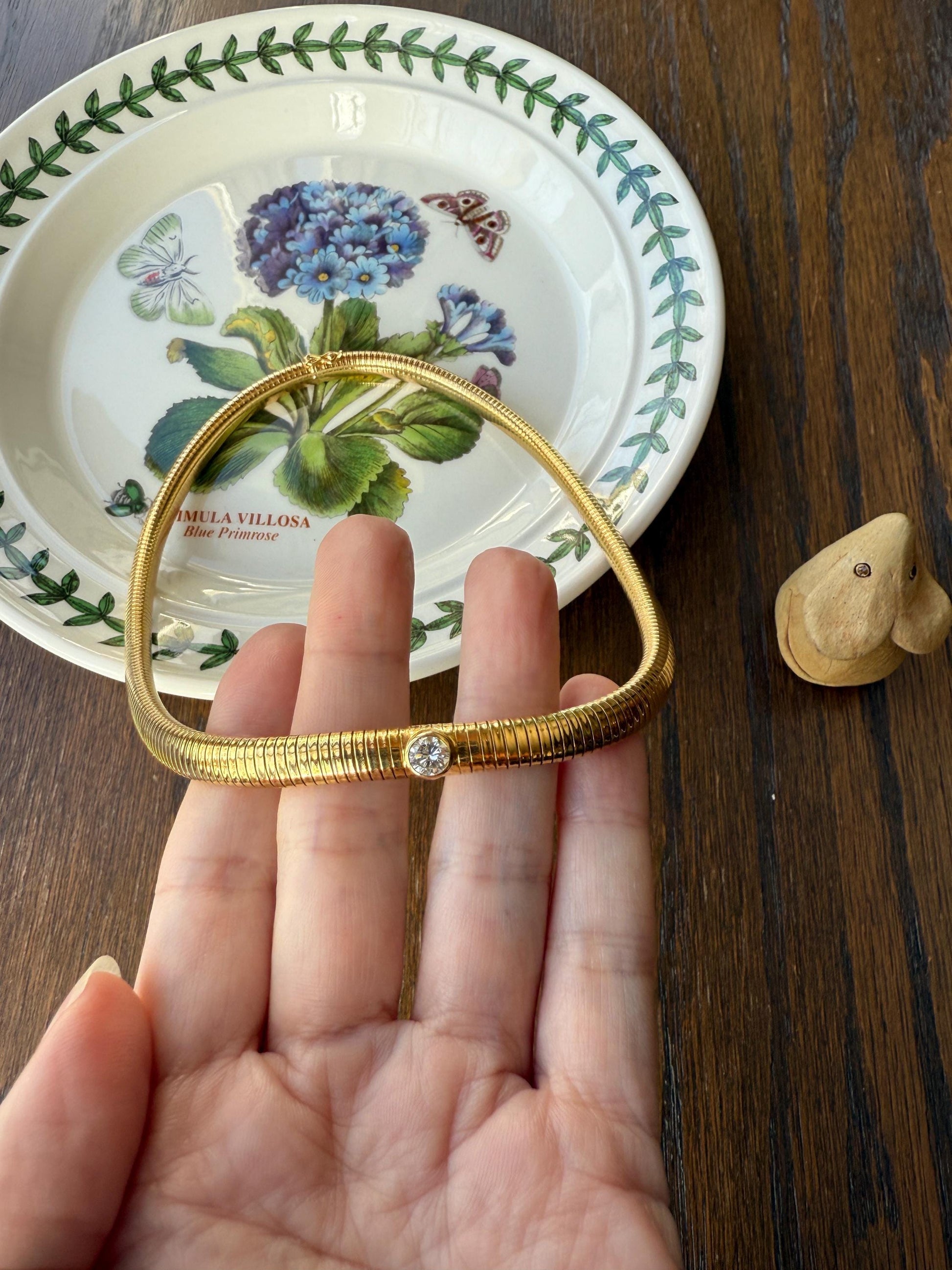 HEAVY Vintage Tubogas Chain 43g 18k GOLD Solid Bezel Set Brilliant Cut DIAMOND French Retro Necklace Springy Chunky 3D Choker