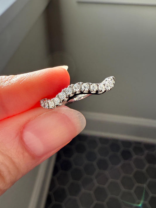 CURVED Unique Vintage Half Eternity Hoop Diamond Band 18k White Gold Wavy Tall Stacker Ring Gift Geometric Wedding