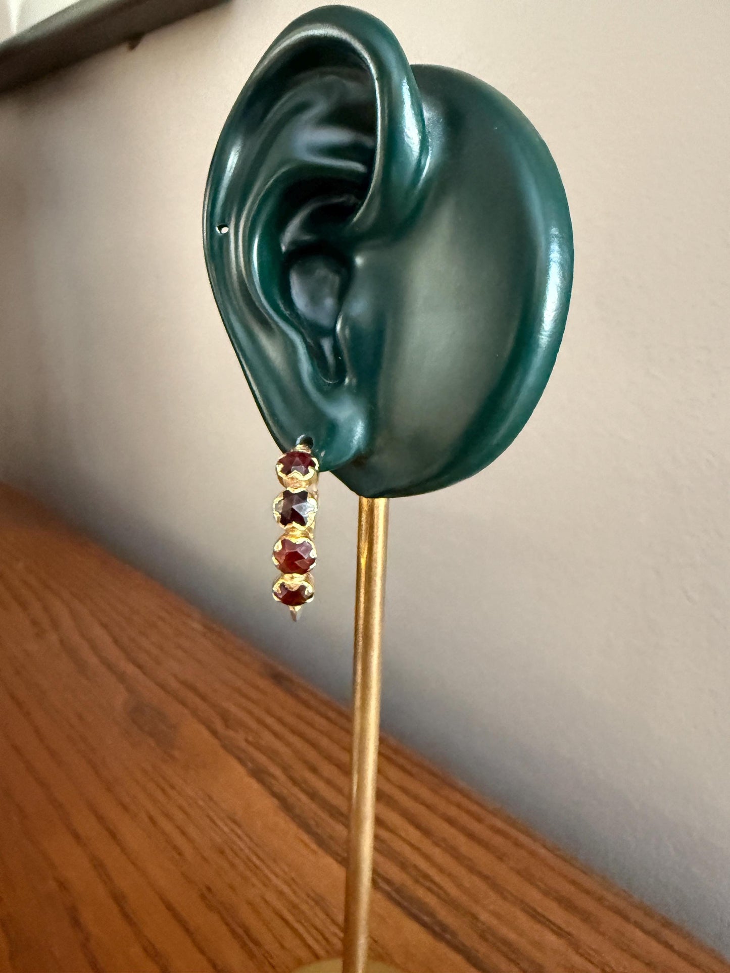Vintage Rose Cut Perpignan GARNET Poissarde Hoop EARRINGS 18k Gold French Belle Epoque Foiled Domed Back Crimson Red