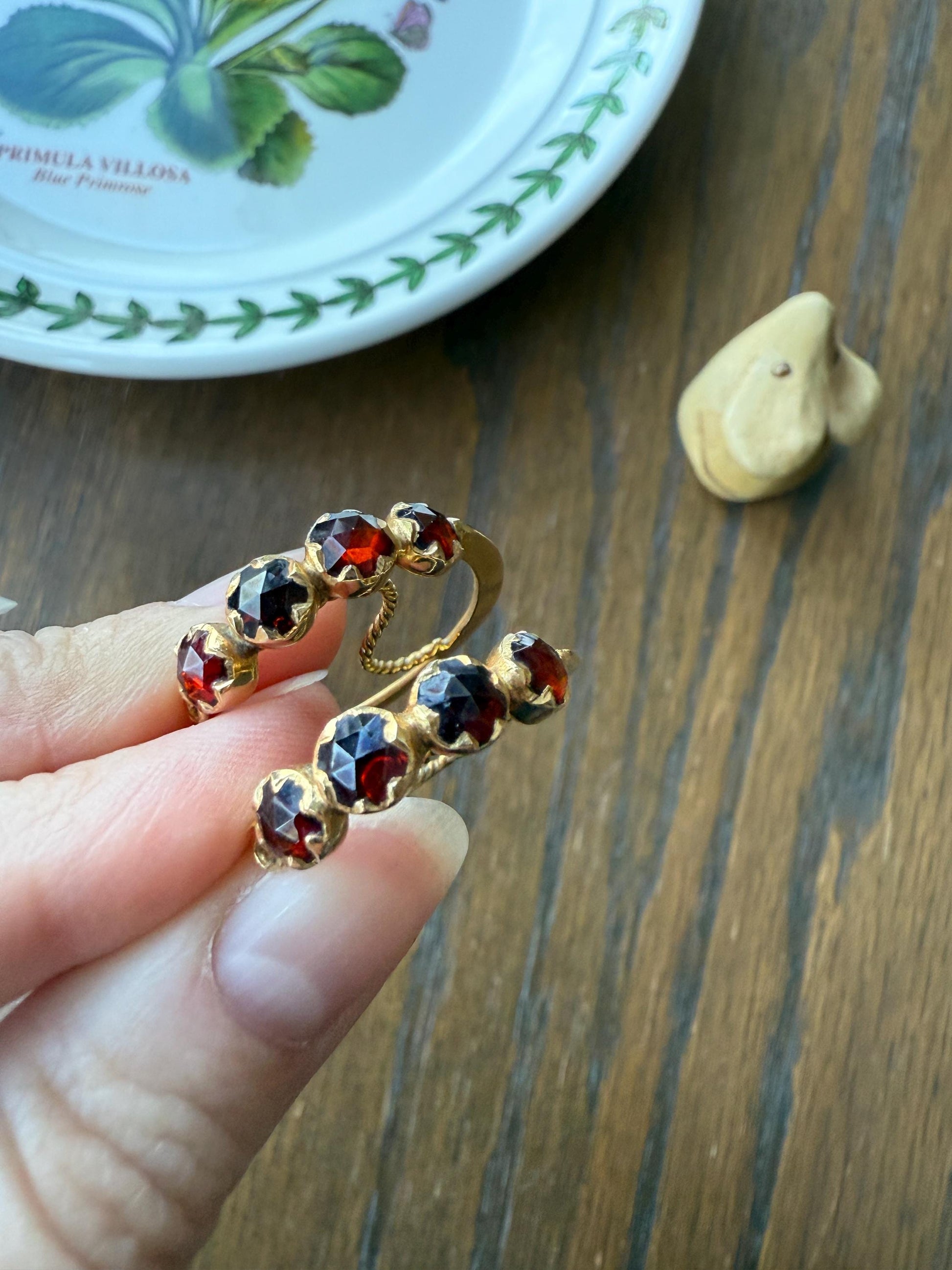 Vintage Rose Cut Perpignan GARNET Poissarde Hoop EARRINGS 18k Gold French Belle Epoque Foiled Domed Back Crimson Red