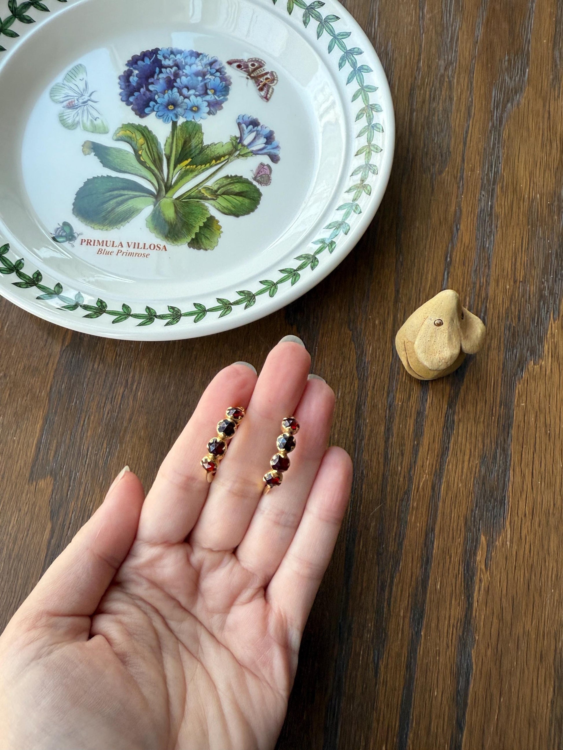 Vintage Rose Cut Perpignan GARNET Poissarde Hoop EARRINGS 18k Gold French Belle Epoque Foiled Domed Back Crimson Red