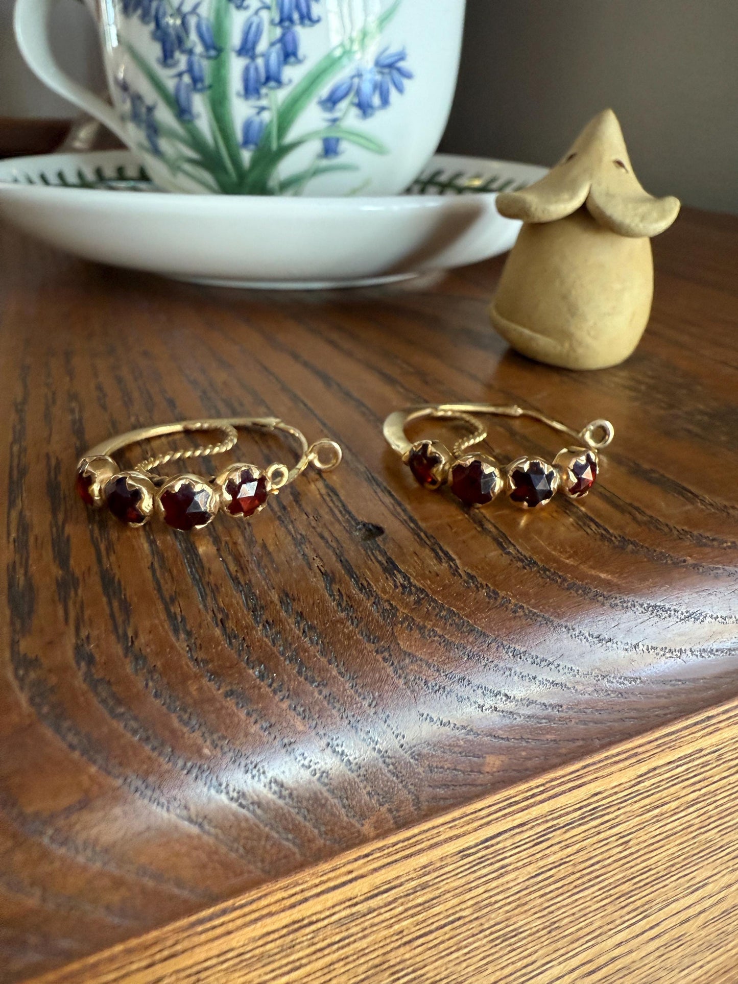Vintage Rose Cut Perpignan GARNET Poissarde Hoop EARRINGS 18k Gold French Belle Epoque Foiled Domed Back Crimson Red