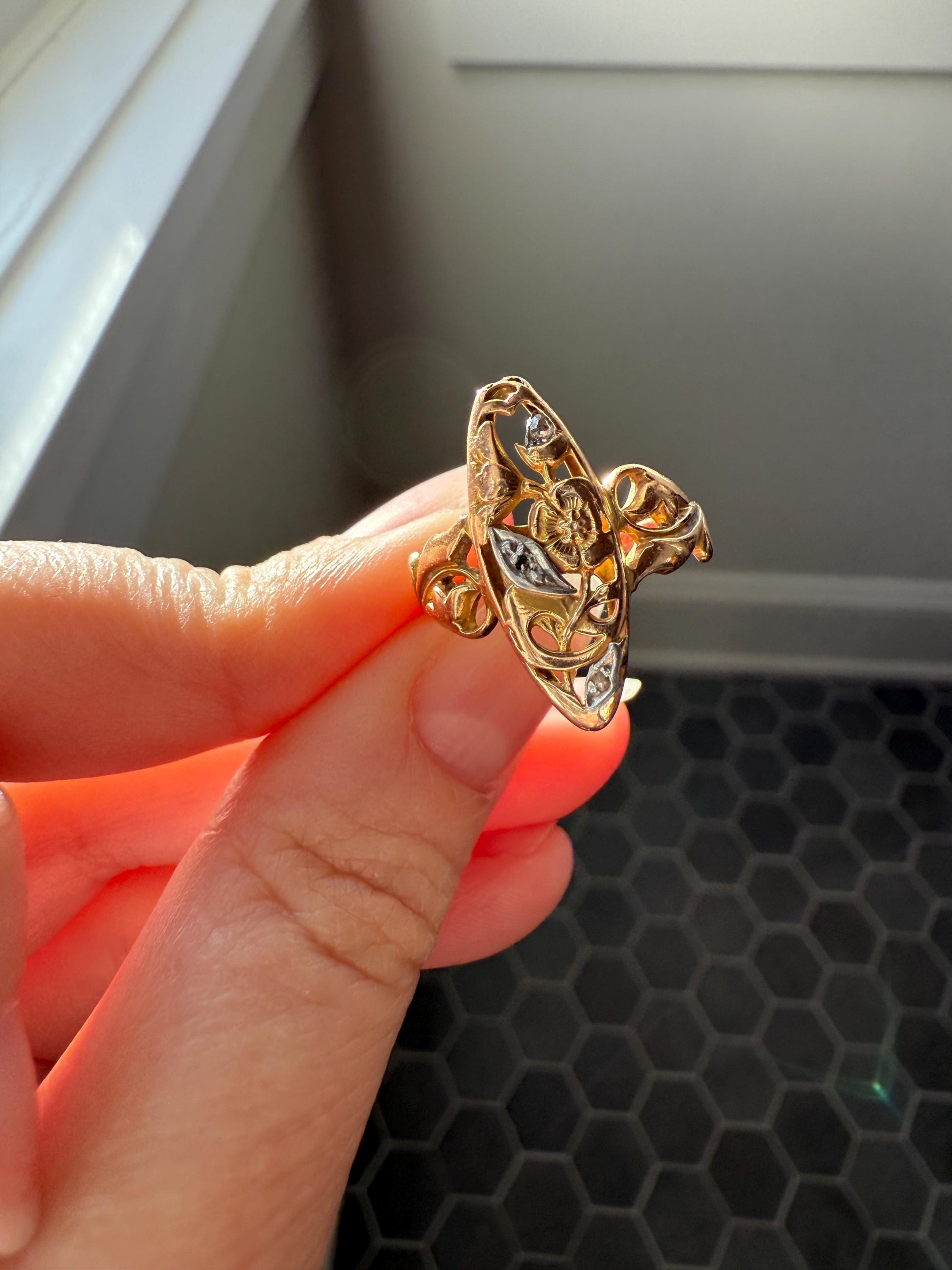 FRENCH Antique FLORAL Navette Ring 18k Rose Gold Art Nouveau Victorian Rose Cut DIAMONDs Belle Epoque Romantic Gift Stacker