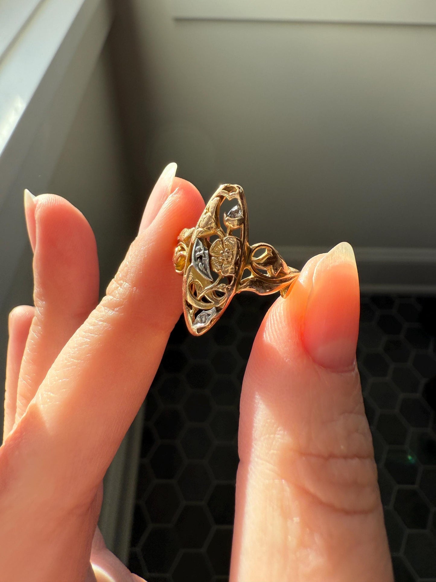 FRENCH Antique FLORAL Navette Ring 18k Rose Gold Art Nouveau Victorian Rose Cut DIAMONDs Belle Epoque Romantic Gift Stacker