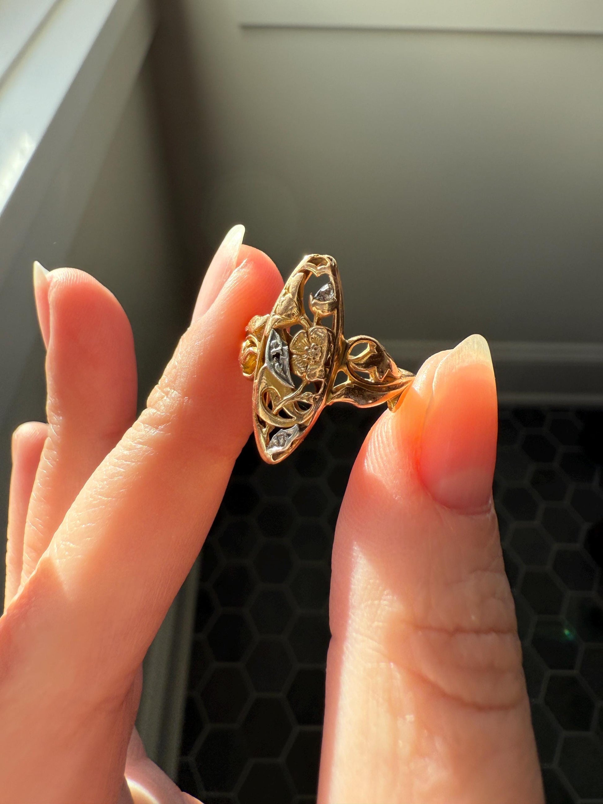 FRENCH Antique FLORAL Navette Ring 18k Rose Gold Art Nouveau Victorian Rose Cut DIAMONDs Belle Epoque Romantic Gift Stacker