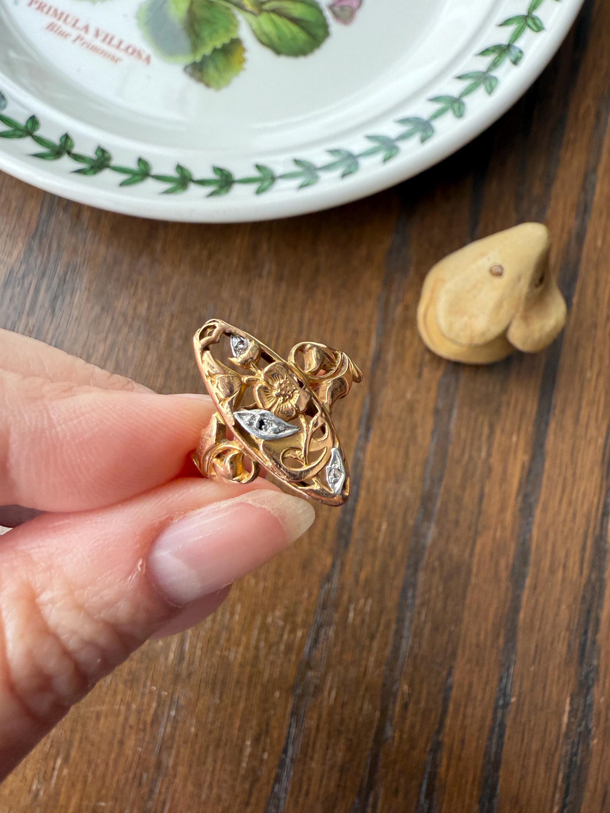 FRENCH Antique FLORAL Navette Ring 18k Rose Gold Art Nouveau Victorian Rose Cut DIAMONDs Belle Epoque Romantic Gift Stacker
