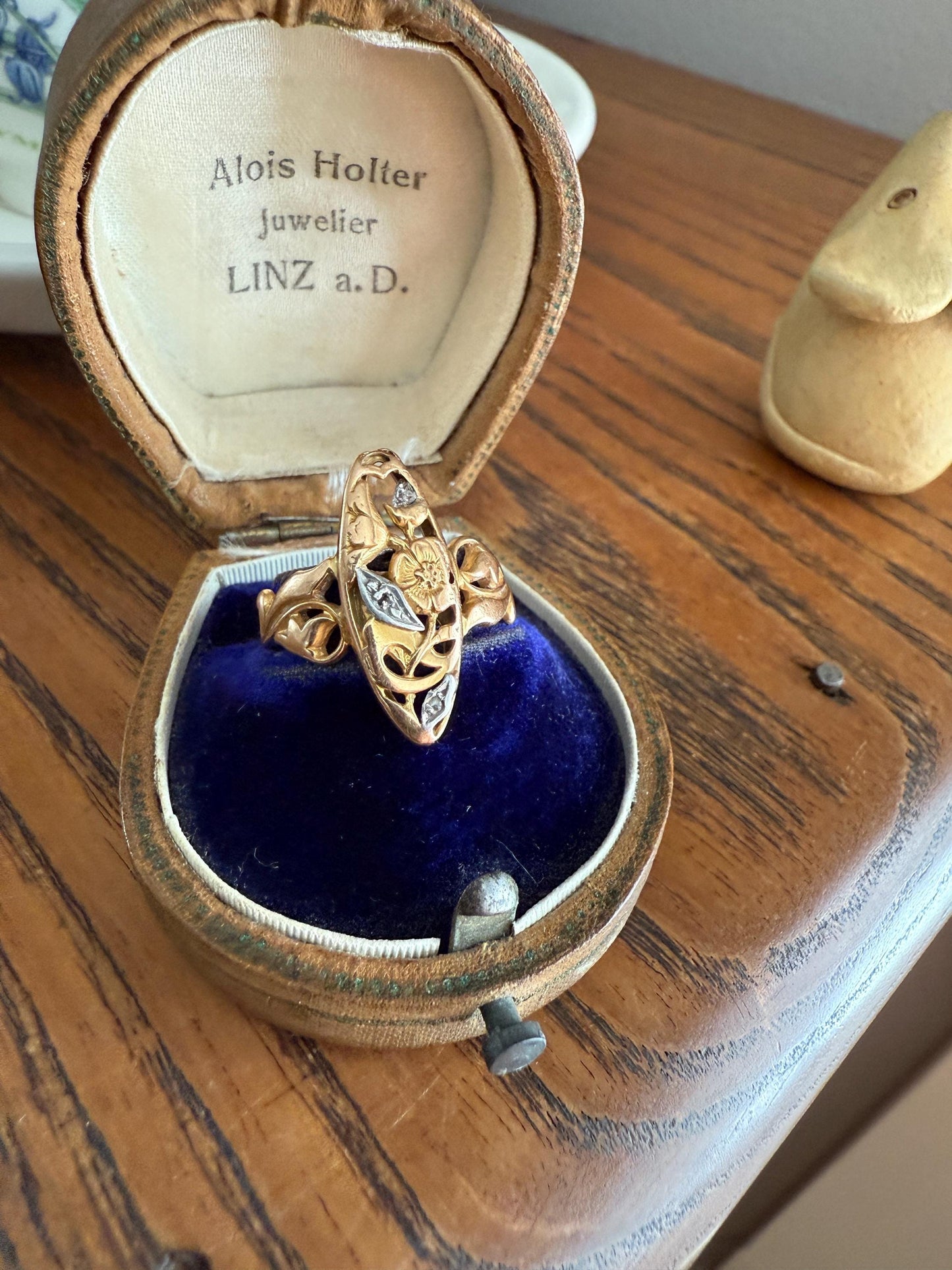 FRENCH Antique FLORAL Navette Ring 18k Rose Gold Art Nouveau Victorian Rose Cut DIAMONDs Belle Epoque Romantic Gift Stacker