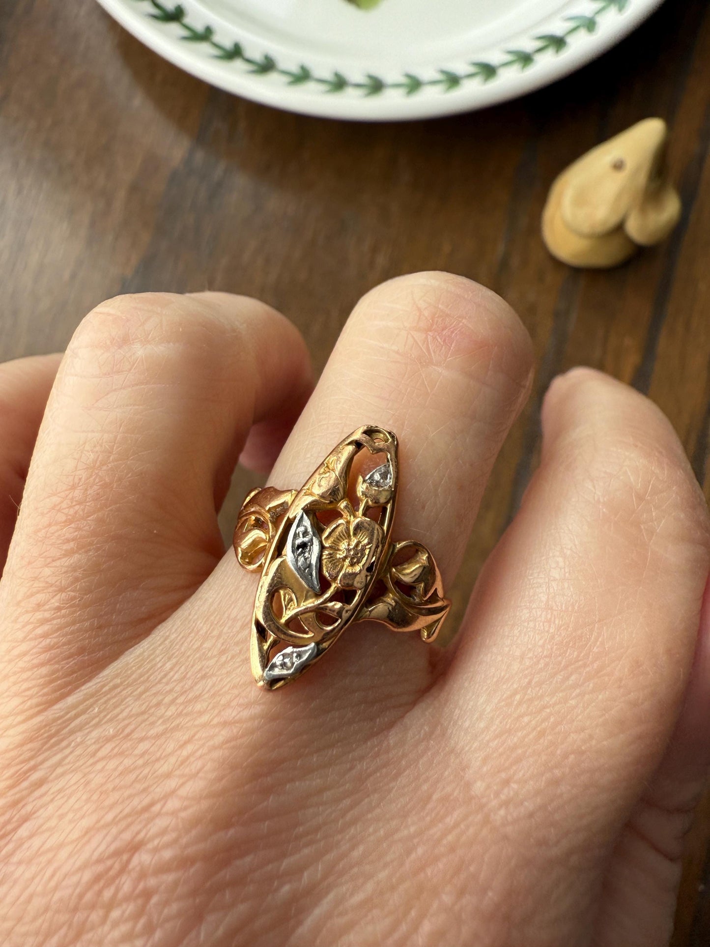 FRENCH Antique FLORAL Navette Ring 18k Rose Gold Art Nouveau Victorian Rose Cut DIAMONDs Belle Epoque Romantic Gift Stacker