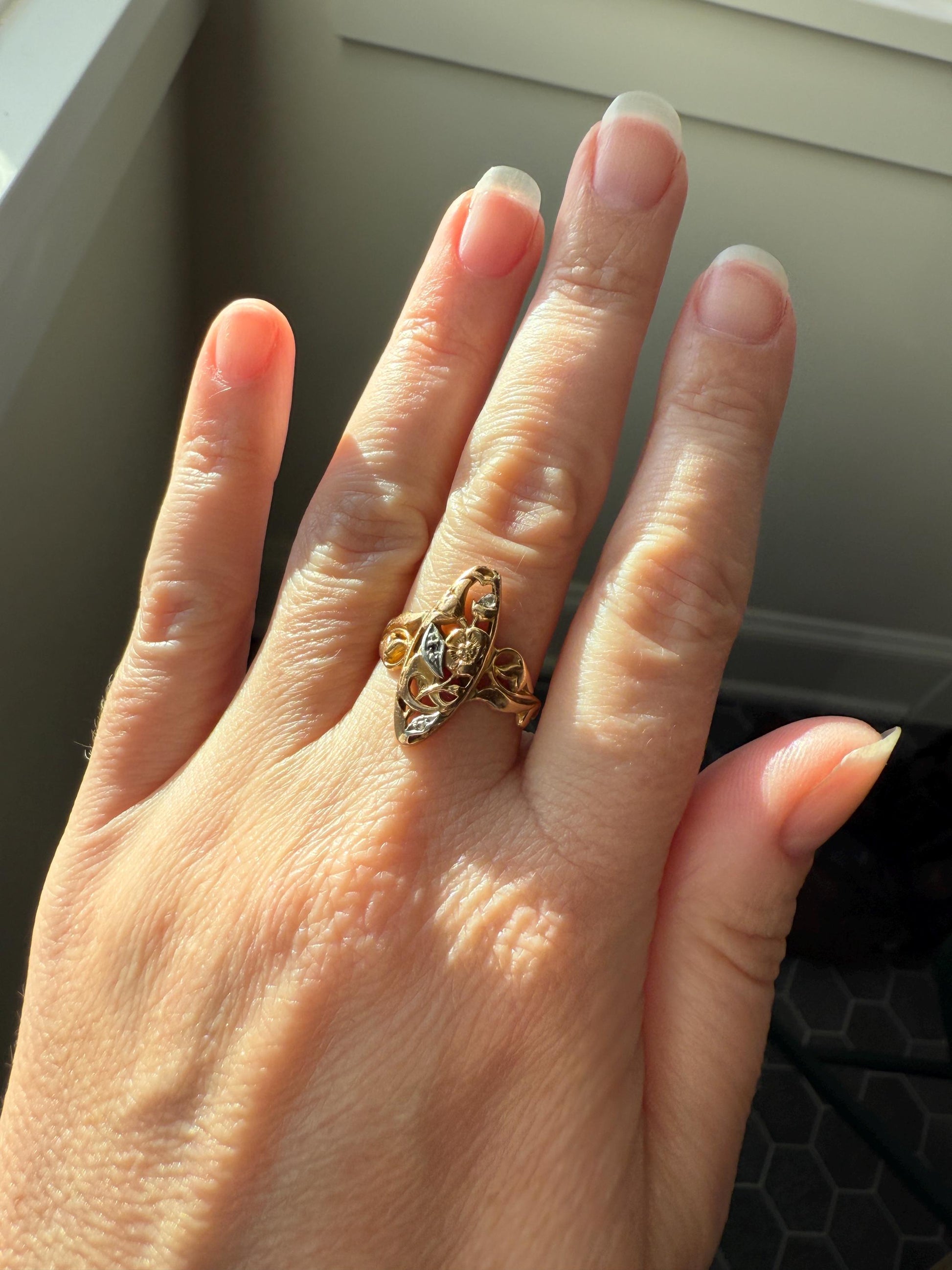 FRENCH Antique FLORAL Navette Ring 18k Rose Gold Art Nouveau Victorian Rose Cut DIAMONDs Belle Epoque Romantic Gift Stacker