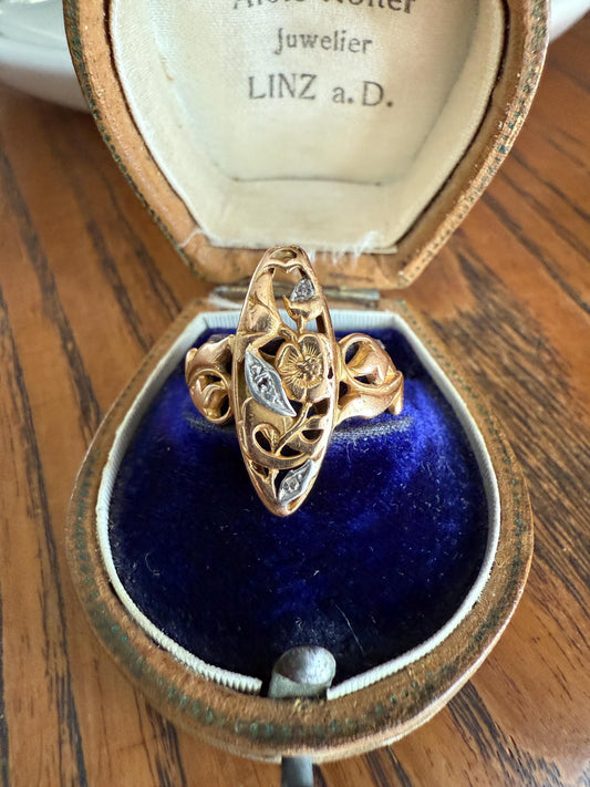FRENCH Antique FLORAL Navette Ring 18k Rose Gold Art Nouveau Victorian Rose Cut DIAMONDs Belle Epoque Romantic Gift Stacker
