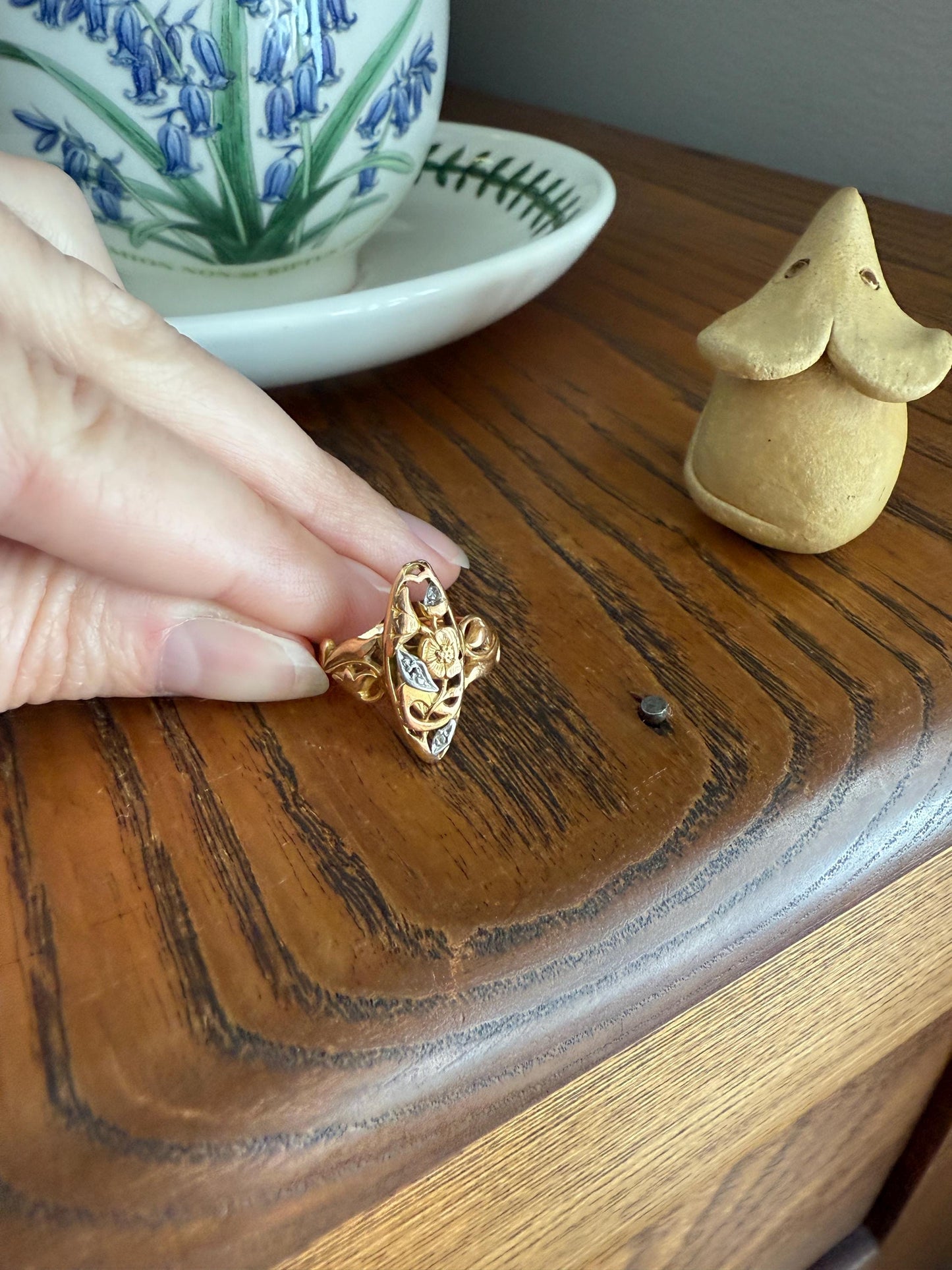 FRENCH Antique FLORAL Navette Ring 18k Rose Gold Art Nouveau Victorian Rose Cut DIAMONDs Belle Epoque Romantic Gift Stacker