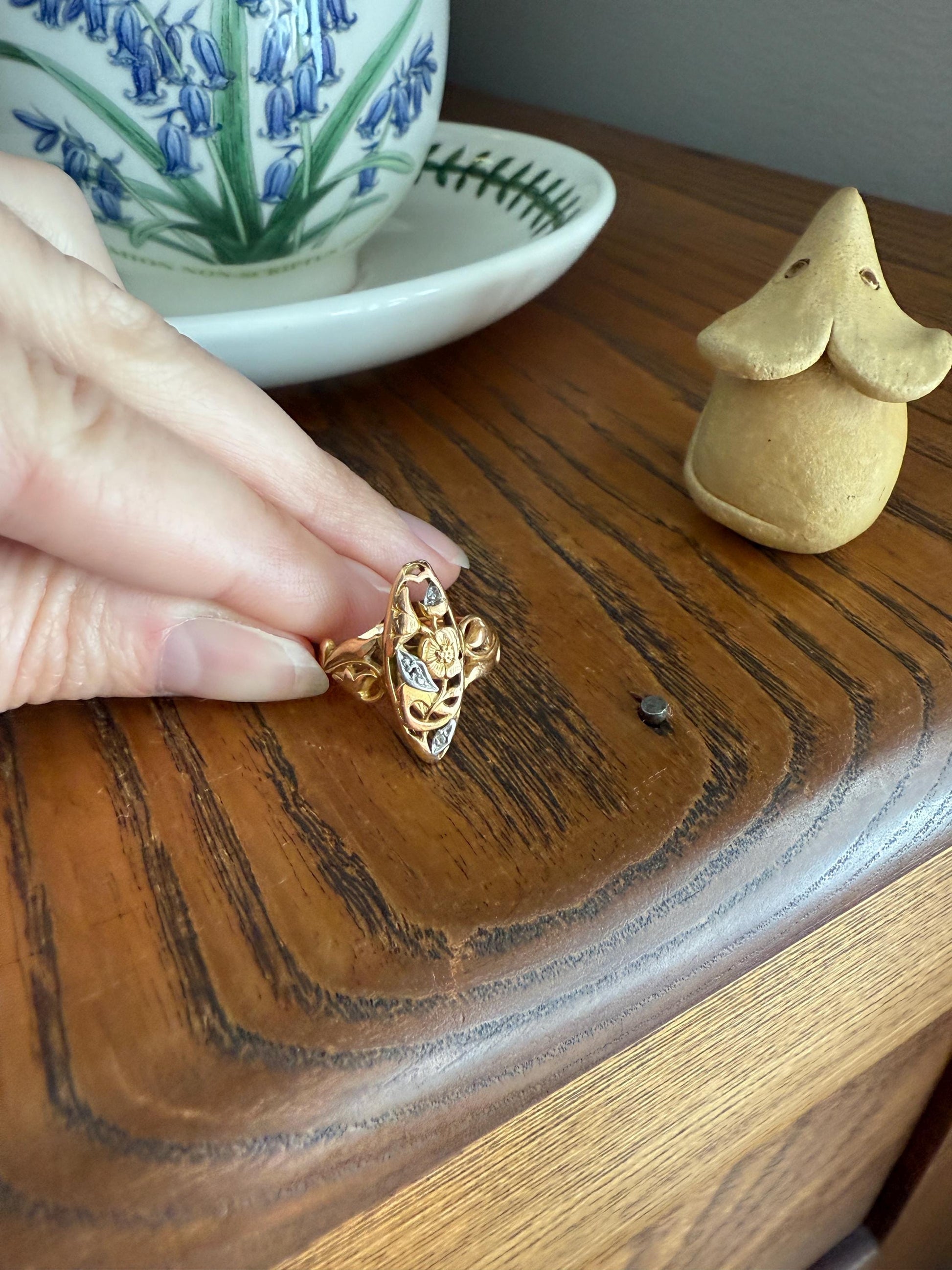 FRENCH Antique FLORAL Navette Ring 18k Rose Gold Art Nouveau Victorian Rose Cut DIAMONDs Belle Epoque Romantic Gift Stacker