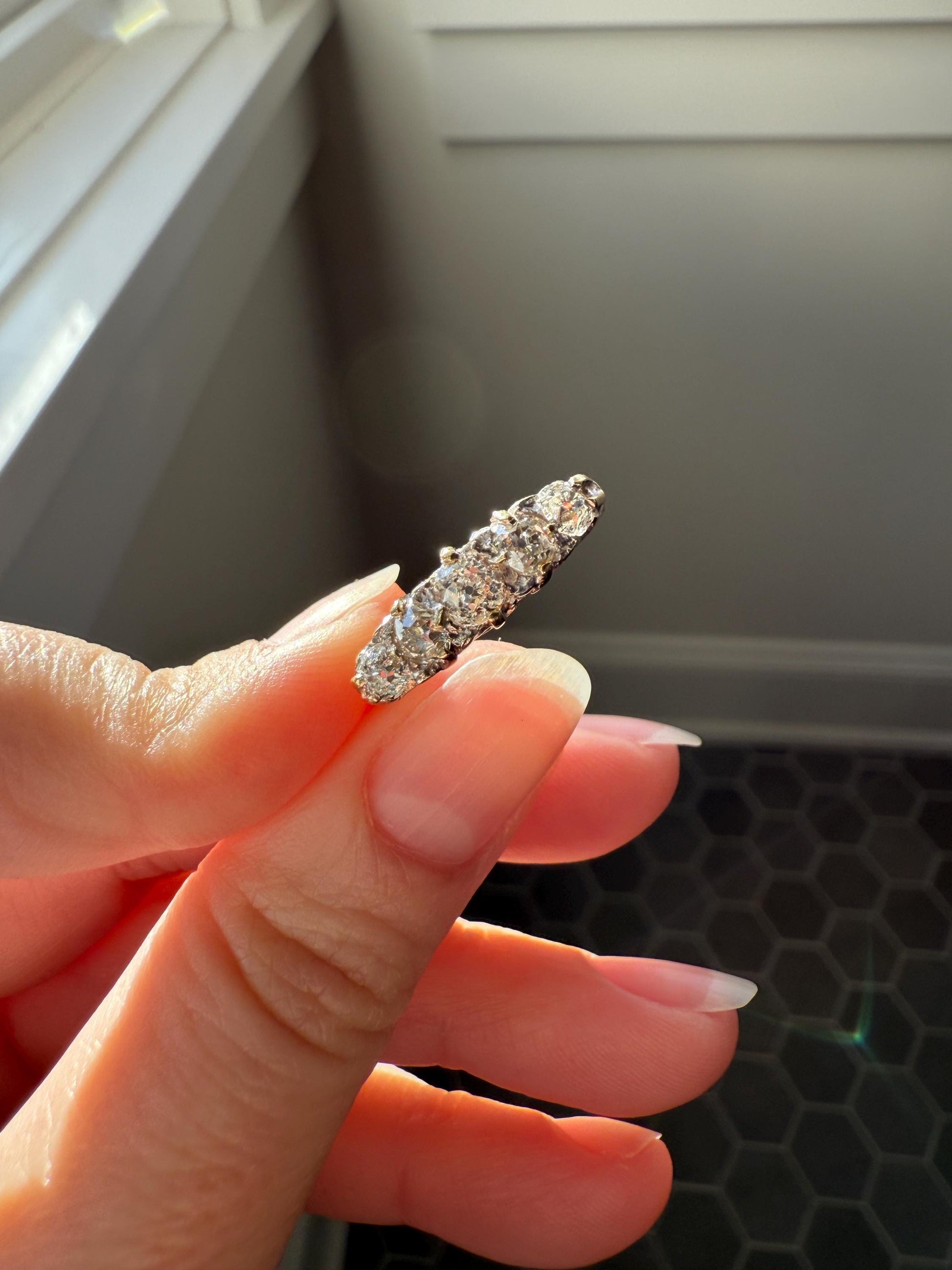 Antique Old Mine Cut DIAMOND One Carat Five Stone Skinny Band Ring 18k Gold Scrolled Victorian Stacker Wedding OMC
