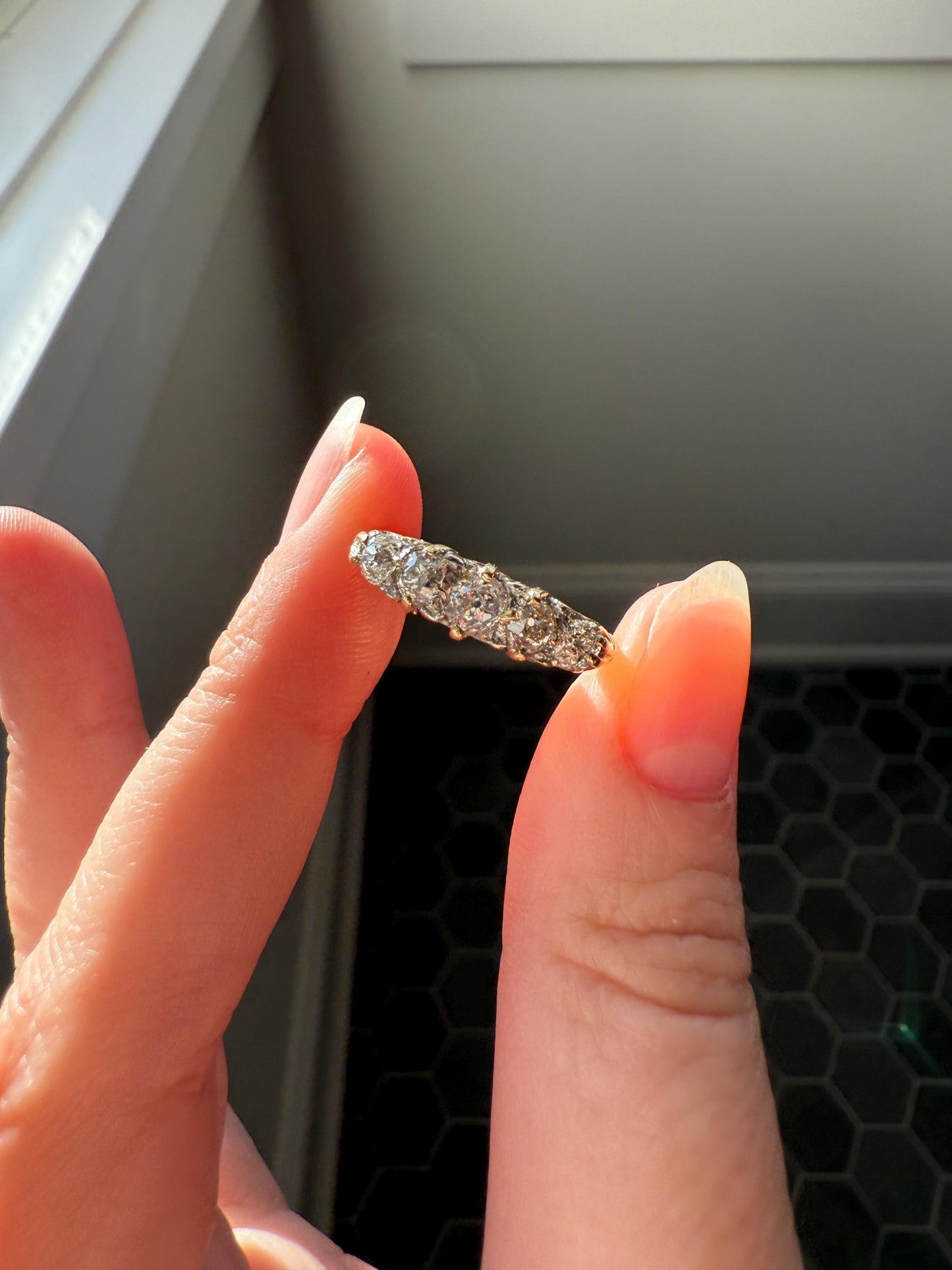 Antique Old Mine Cut DIAMOND One Carat Five Stone Skinny Band Ring 18k Gold Scrolled Victorian Stacker Wedding OMC
