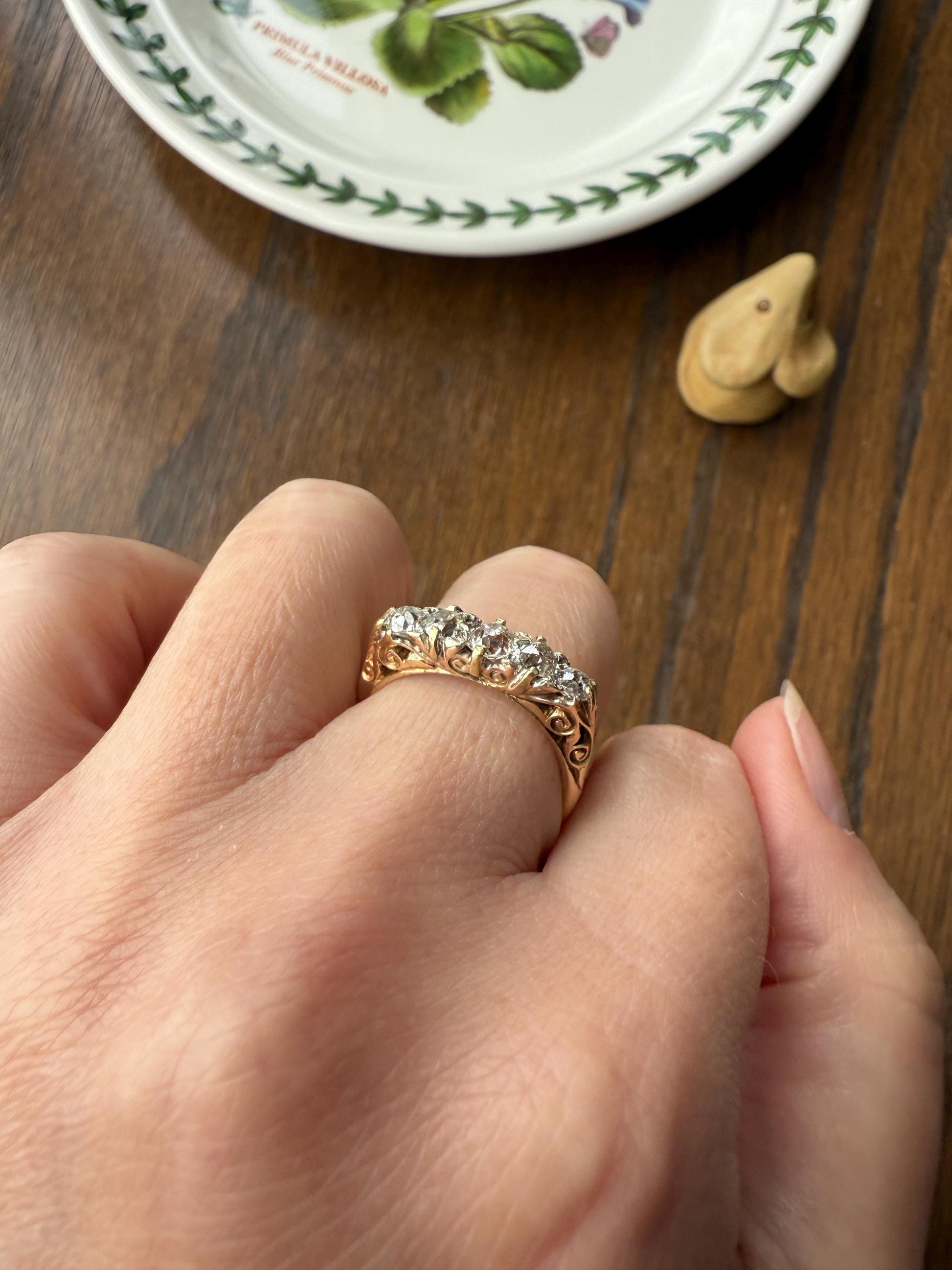 Antique Old Mine Cut DIAMOND One Carat Five Stone Skinny Band Ring 18k Gold Scrolled Victorian Stacker Wedding OMC