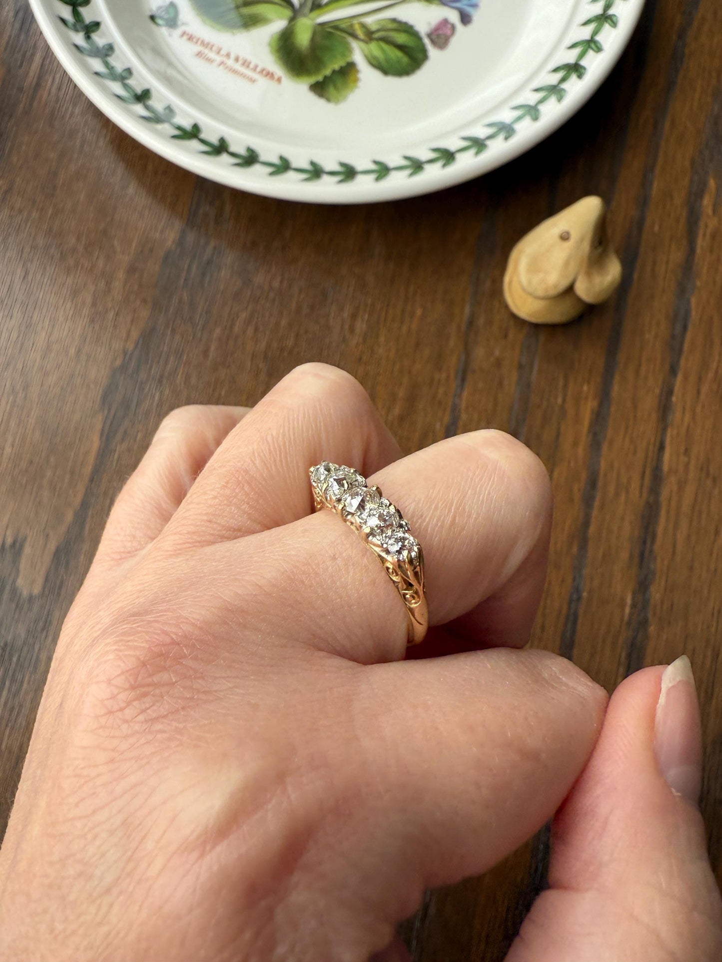 Antique Old Mine Cut DIAMOND One Carat Five Stone Skinny Band Ring 18k Gold Scrolled Victorian Stacker Wedding OMC