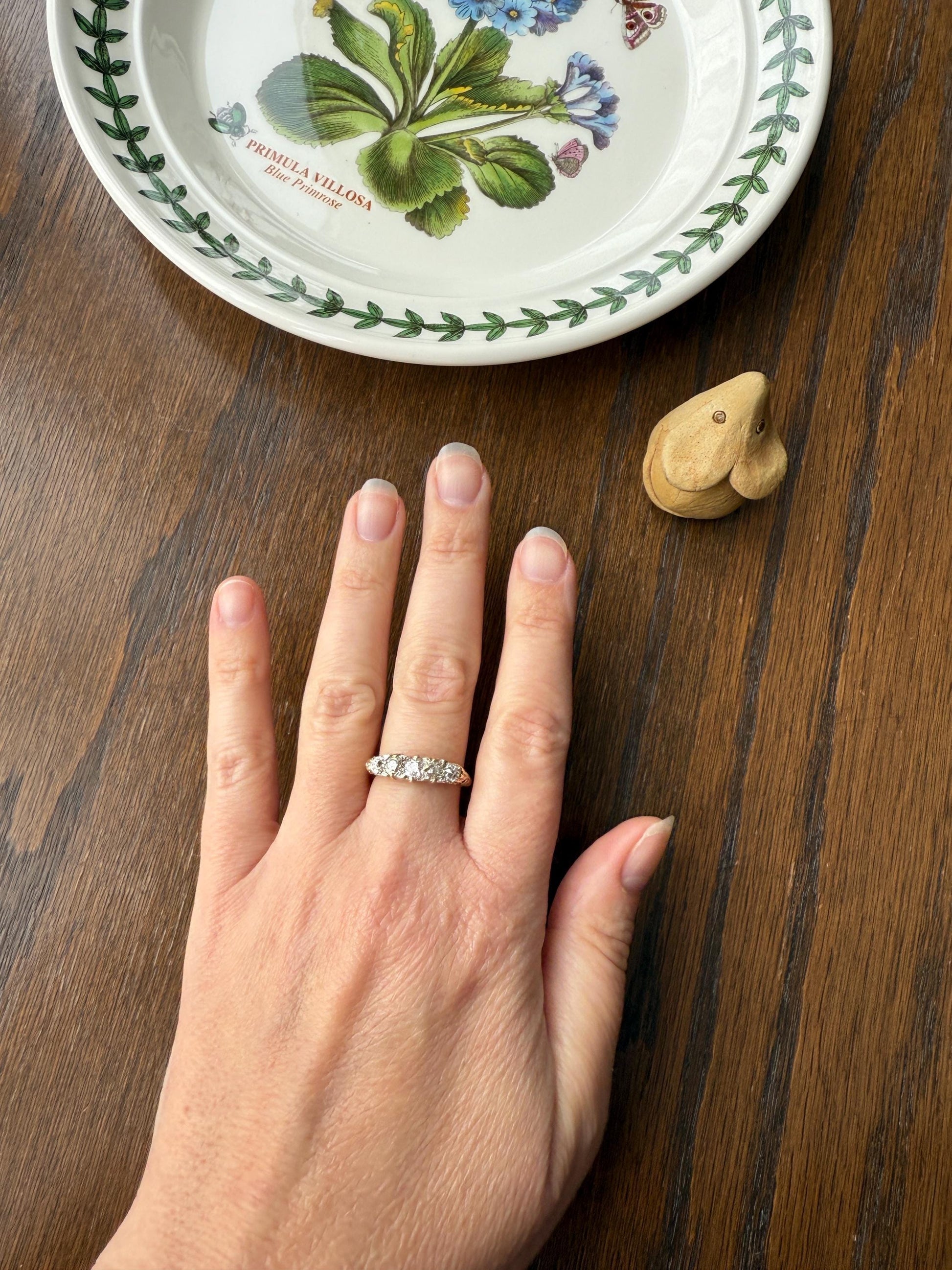 Antique Old Mine Cut DIAMOND One Carat Five Stone Skinny Band Ring 18k Gold Scrolled Victorian Stacker Wedding OMC