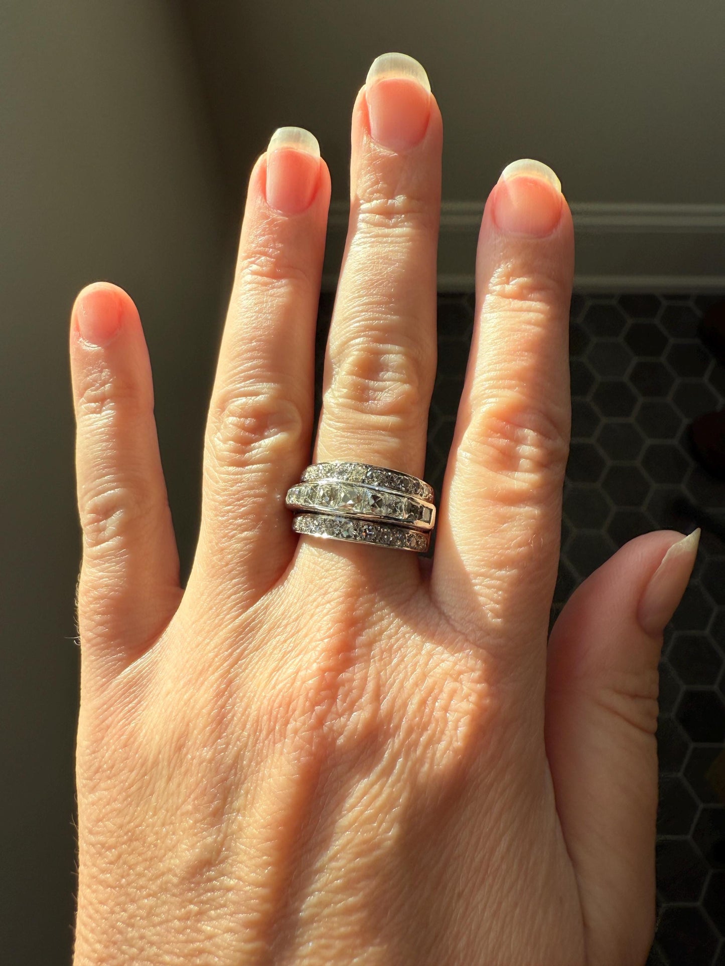 Chunky Vintage 2.3 Carat Old French Cut & Single Cut DIAMOND Triple Row Stepped Wide Band in Platinum Art Deco with Older Stones