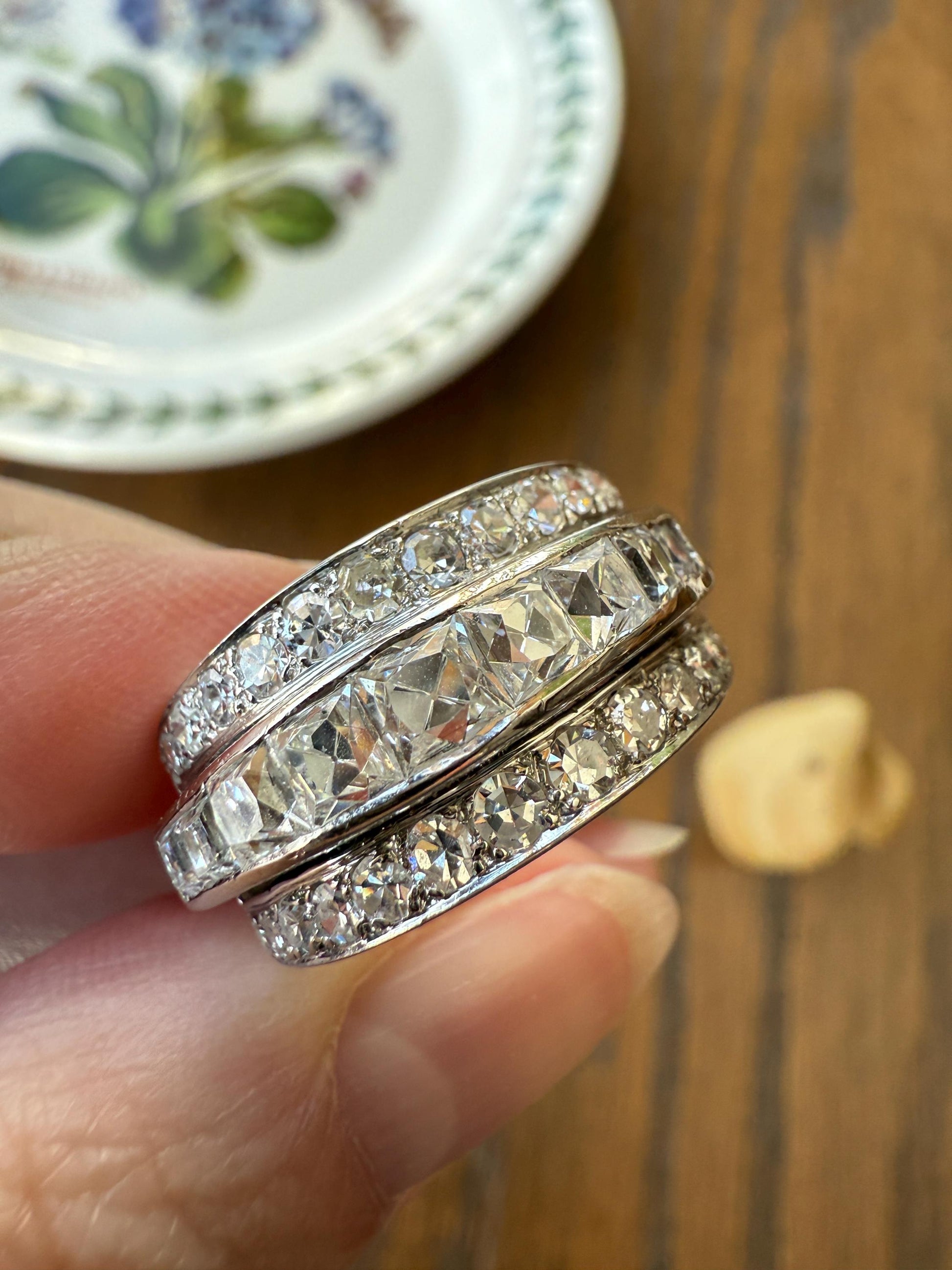 Chunky Vintage 2.3 Carat Old French Cut & Single Cut DIAMOND Triple Row Stepped Wide Band in Platinum Art Deco with Older Stones