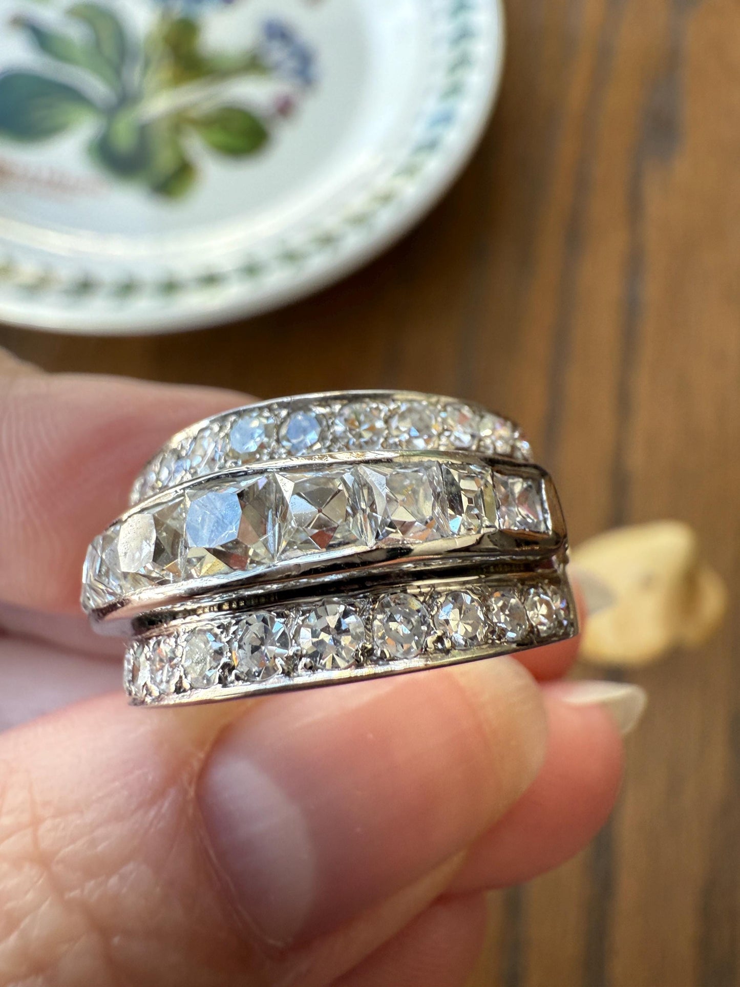 Chunky Vintage 2.3 Carat Old French Cut & Single Cut DIAMOND Triple Row Stepped Wide Band in Platinum Art Deco with Older Stones