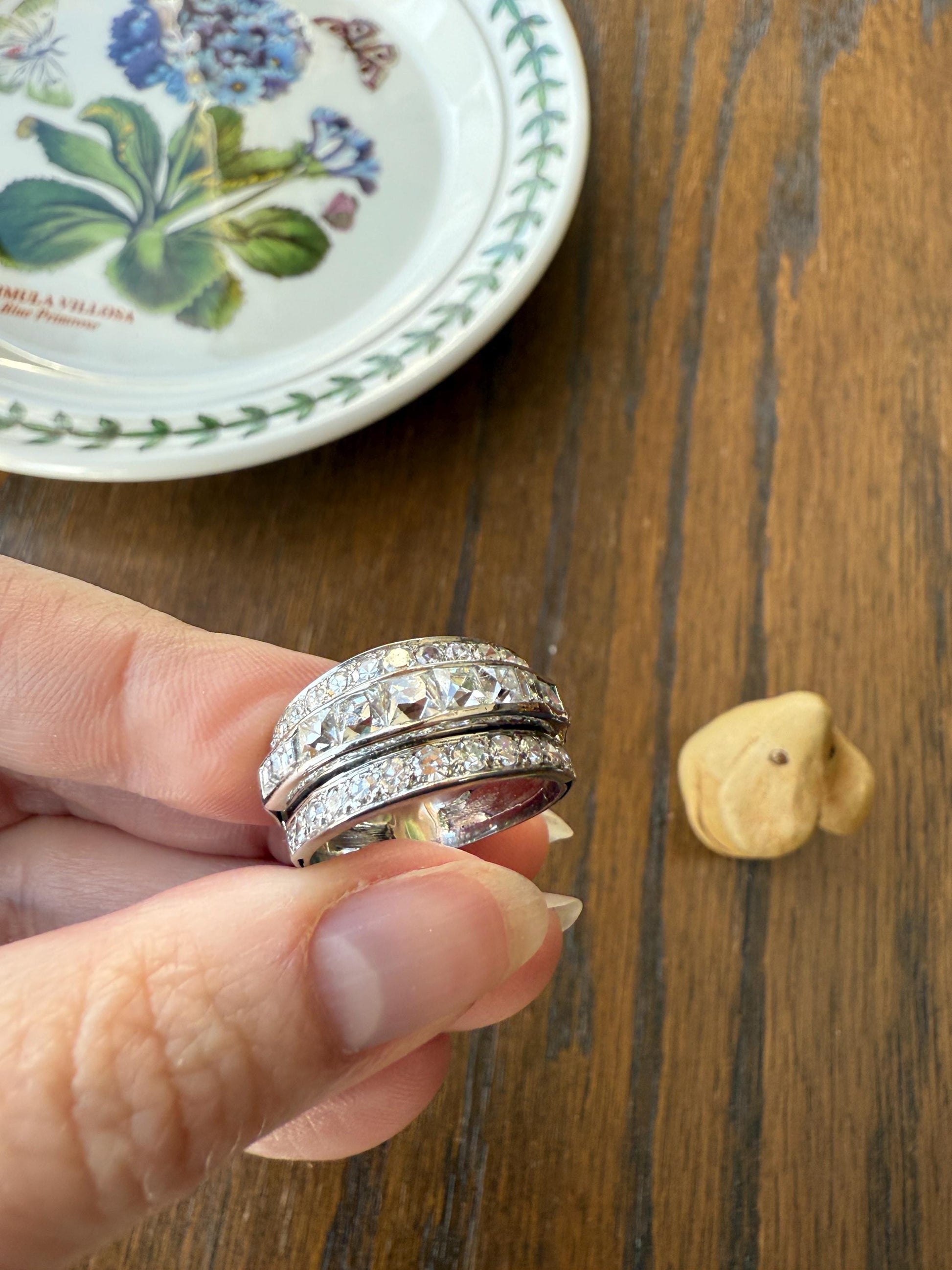 Chunky Vintage 2.3 Carat Old French Cut & Single Cut DIAMOND Triple Row Stepped Wide Band in Platinum Art Deco with Older Stones