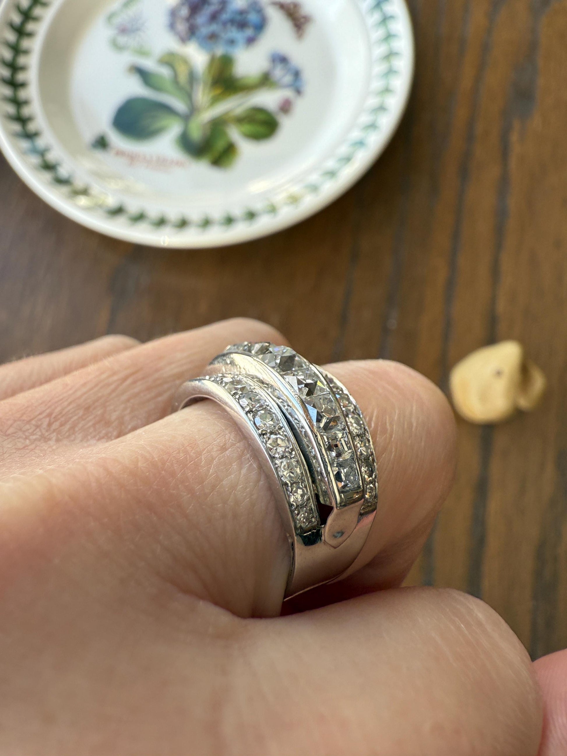 Chunky Vintage 2.3 Carat Old French Cut & Single Cut DIAMOND Triple Row Stepped Wide Band in Platinum Art Deco with Older Stones