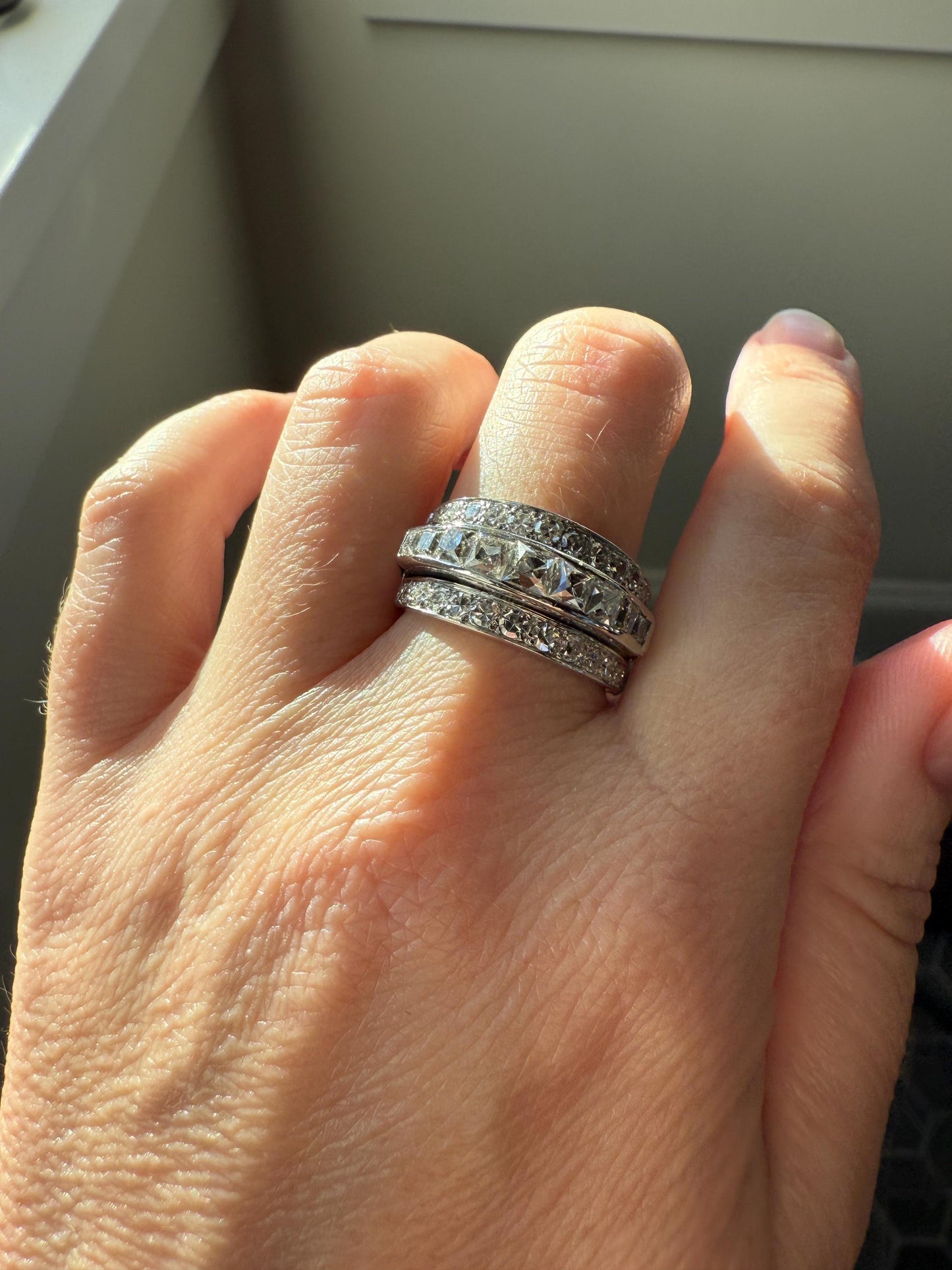 Chunky Vintage 2.3 Carat Old French Cut & Single Cut DIAMOND Triple Row Stepped Wide Band in Platinum Art Deco with Older Stones