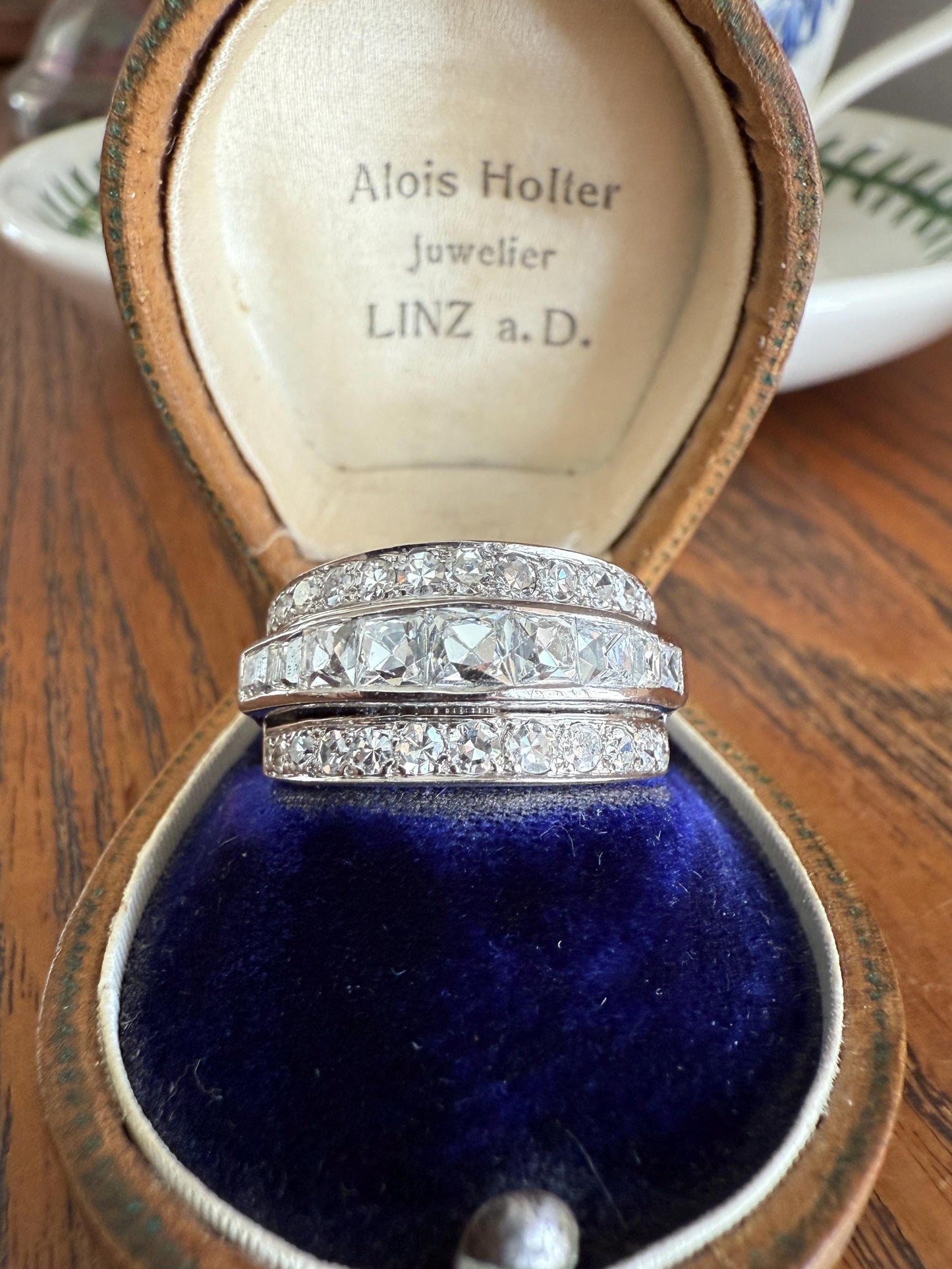 Chunky Vintage 2.3 Carat Old French Cut & Single Cut DIAMOND Triple Row Stepped Wide Band in Platinum Art Deco with Older Stones