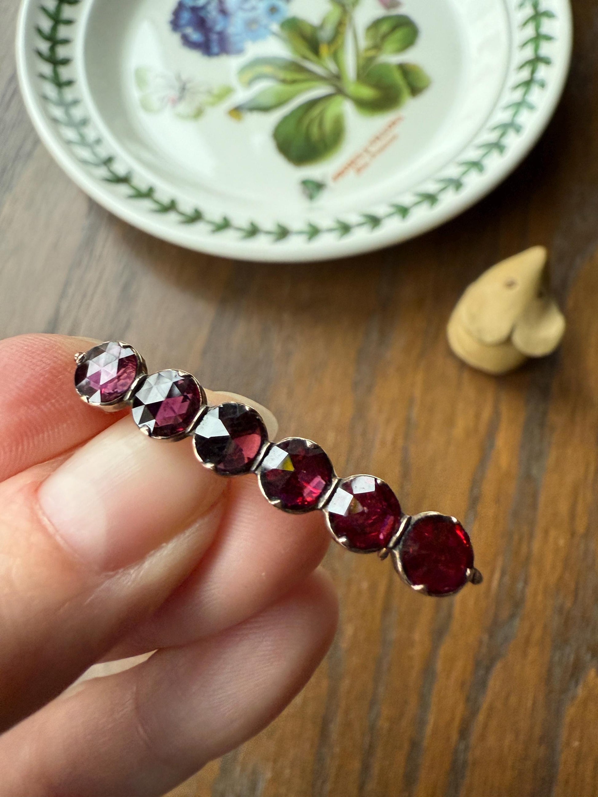 French VICTORIAN Perpignan GARNET Five Stone Bar Brooch Pin 18k Gold Extender Connector for Pendant Conv. Purple Pink Berry Geometric
