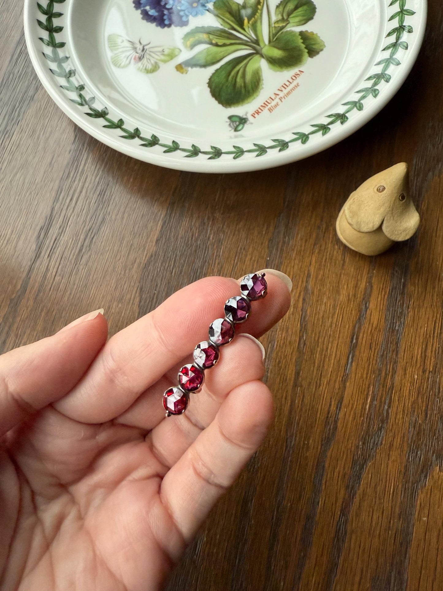 French VICTORIAN Perpignan GARNET Five Stone Bar Brooch Pin 18k Gold Extender Connector for Pendant Conv. Purple Pink Berry Geometric