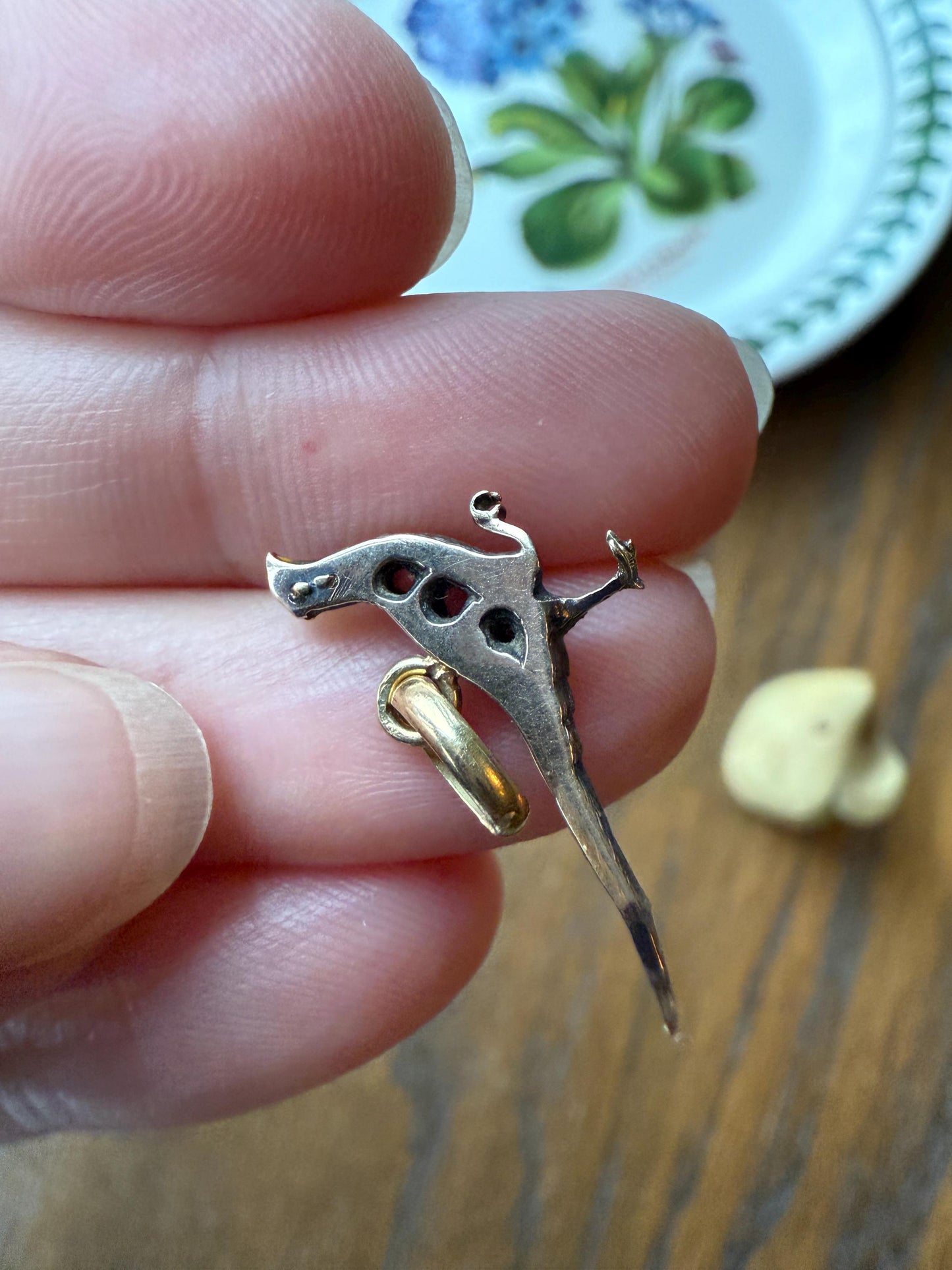 PHEASANT named Steve Standing Antique Victorian 14k Gold Figural Pendant Red Yellow Enamel Rose Cut Diamond Necklace