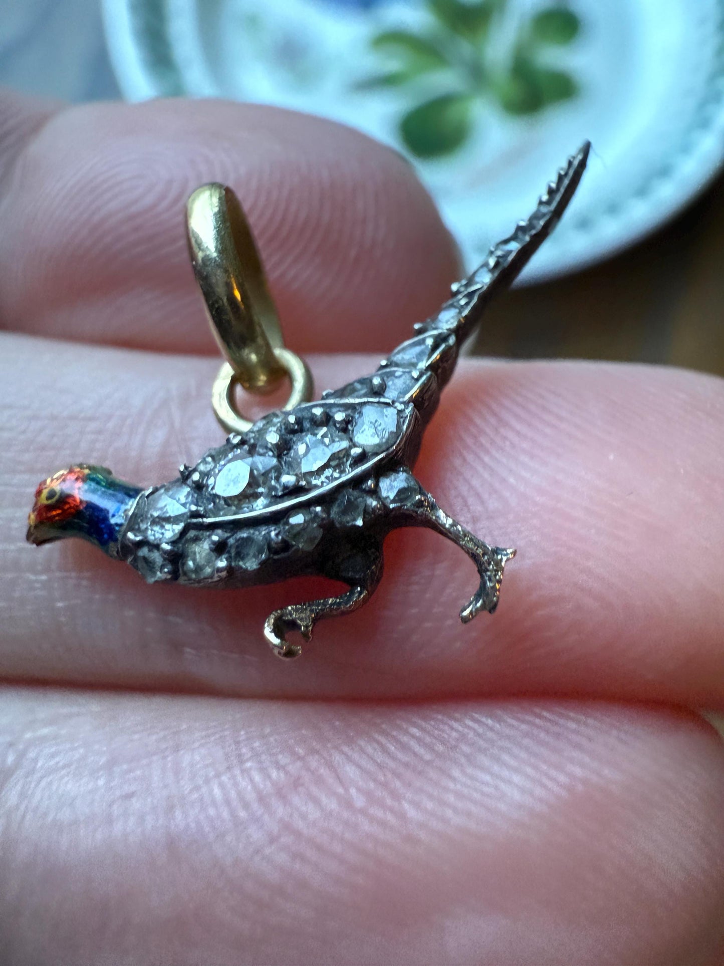 PHEASANT named Steve Standing Antique Victorian 14k Gold Figural Pendant Red Yellow Enamel Rose Cut Diamond Necklace