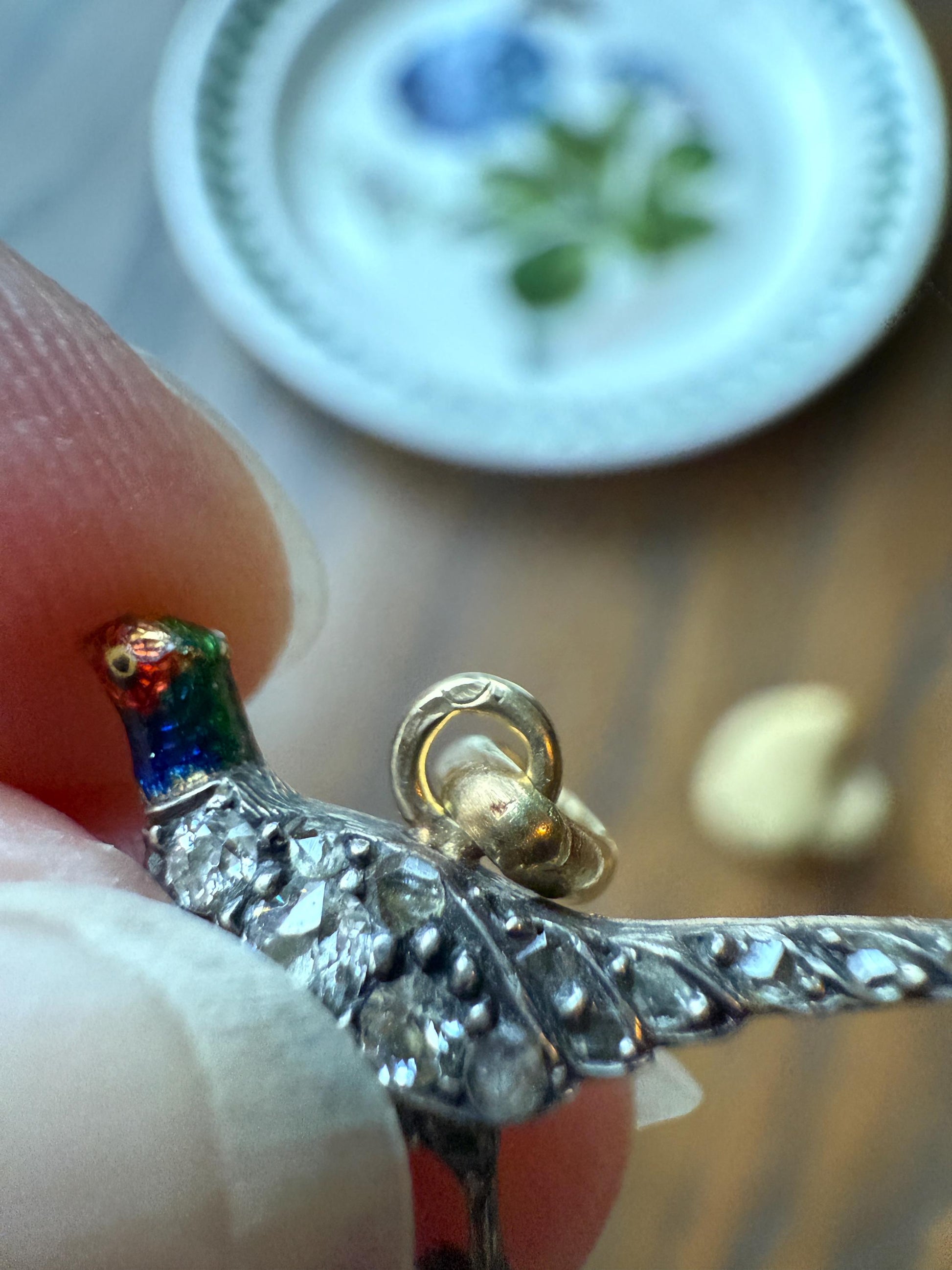 PHEASANT named Steve Standing Antique Victorian 14k Gold Figural Pendant Red Yellow Enamel Rose Cut Diamond Necklace