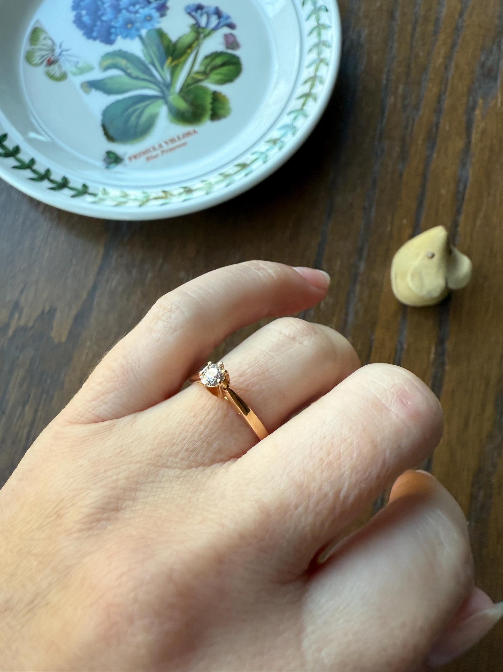 TALL Dainty French Old Mine Cut Diamond Solitaire Engagement Ring 18k Rosy Gold Romantic Gift Belle Epoque Love Stacker Prong Set Minimalist