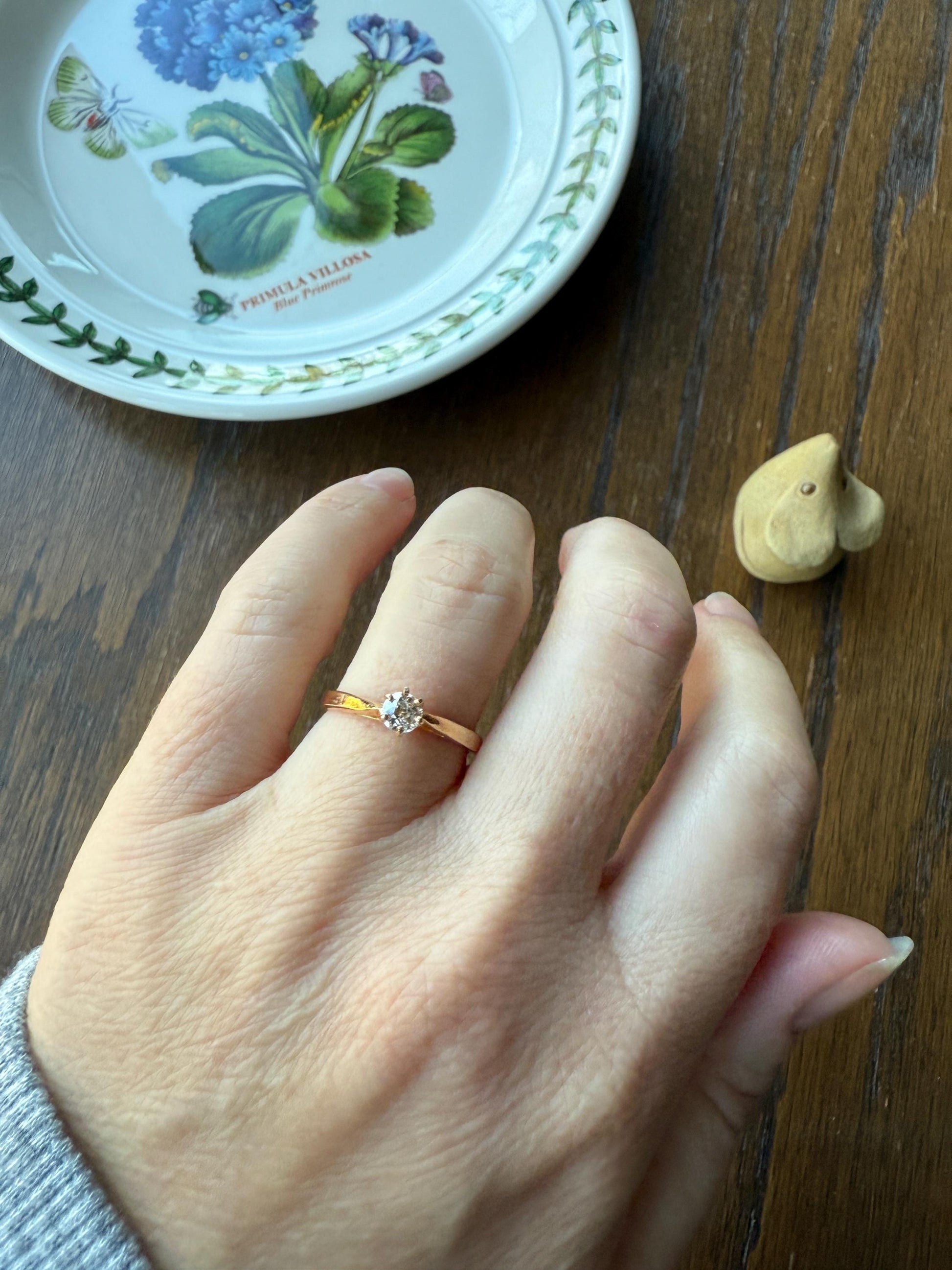 TALL Dainty French Old Mine Cut Diamond Solitaire Engagement Ring 18k Rosy Gold Romantic Gift Belle Epoque Love Stacker Prong Set Minimalist