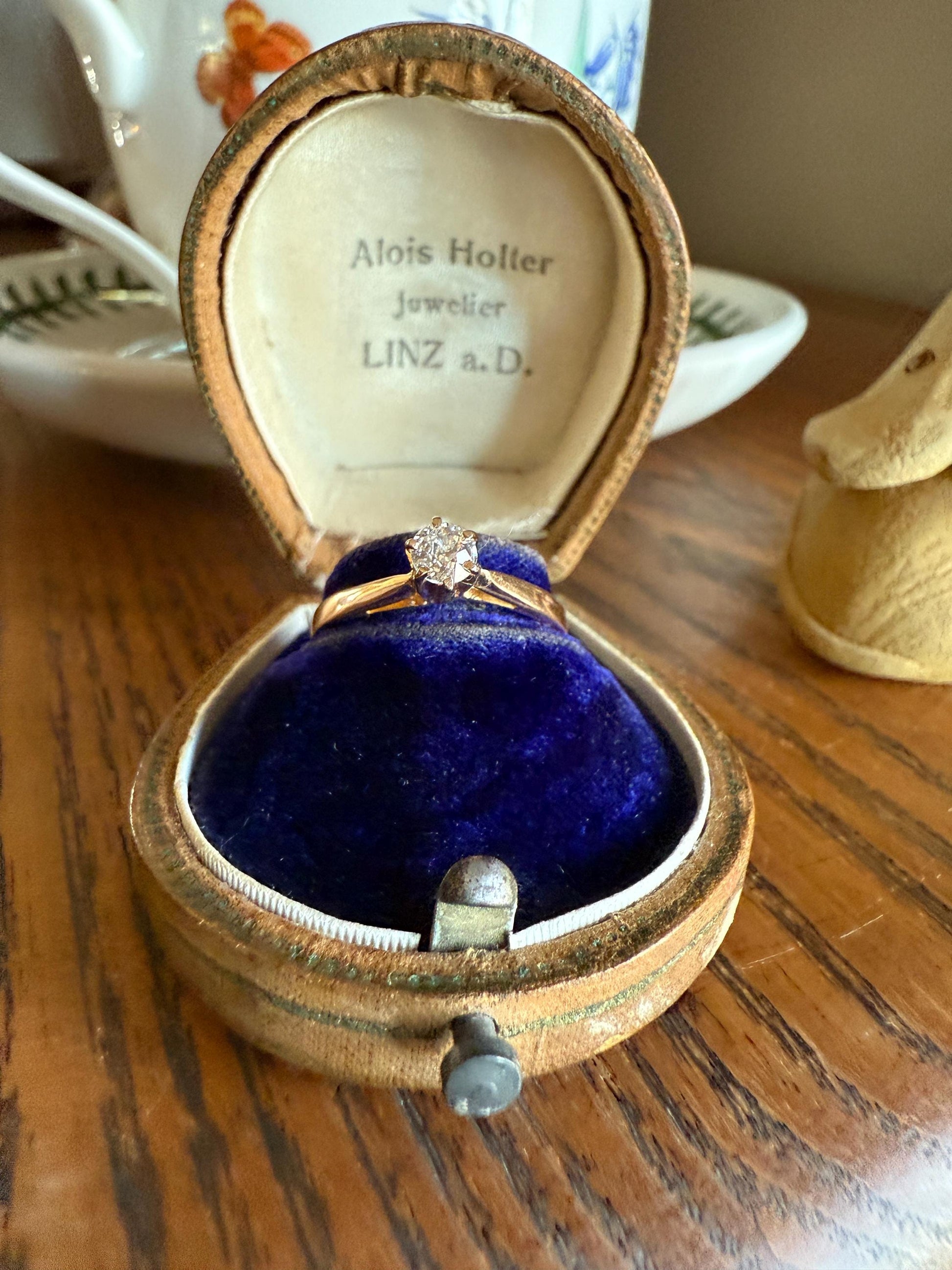 TALL Dainty French Old Mine Cut Diamond Solitaire Engagement Ring 18k Rosy Gold Romantic Gift Belle Epoque Love Stacker Prong Set Minimalist