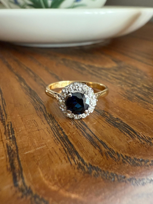 French Vintage to Antique Blue SAPPHIRE Natural Single Cut DIAMOND Halo Ring 18k Gold Platinum Alt Engagement Ring Stacker Peacock Greenish Blue Reflection