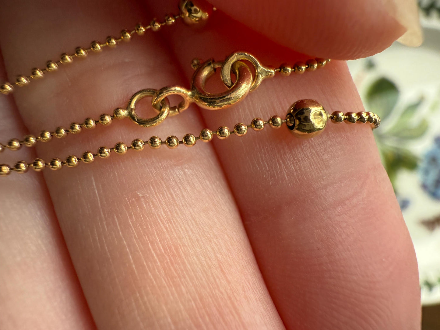 French Vintage Teeny Tiny Mini Bead 18k Gold Pearl 18" Chain Necklace Solid Ball Rivet Minimalist Layering Pendant Holder Shimmer Gift
