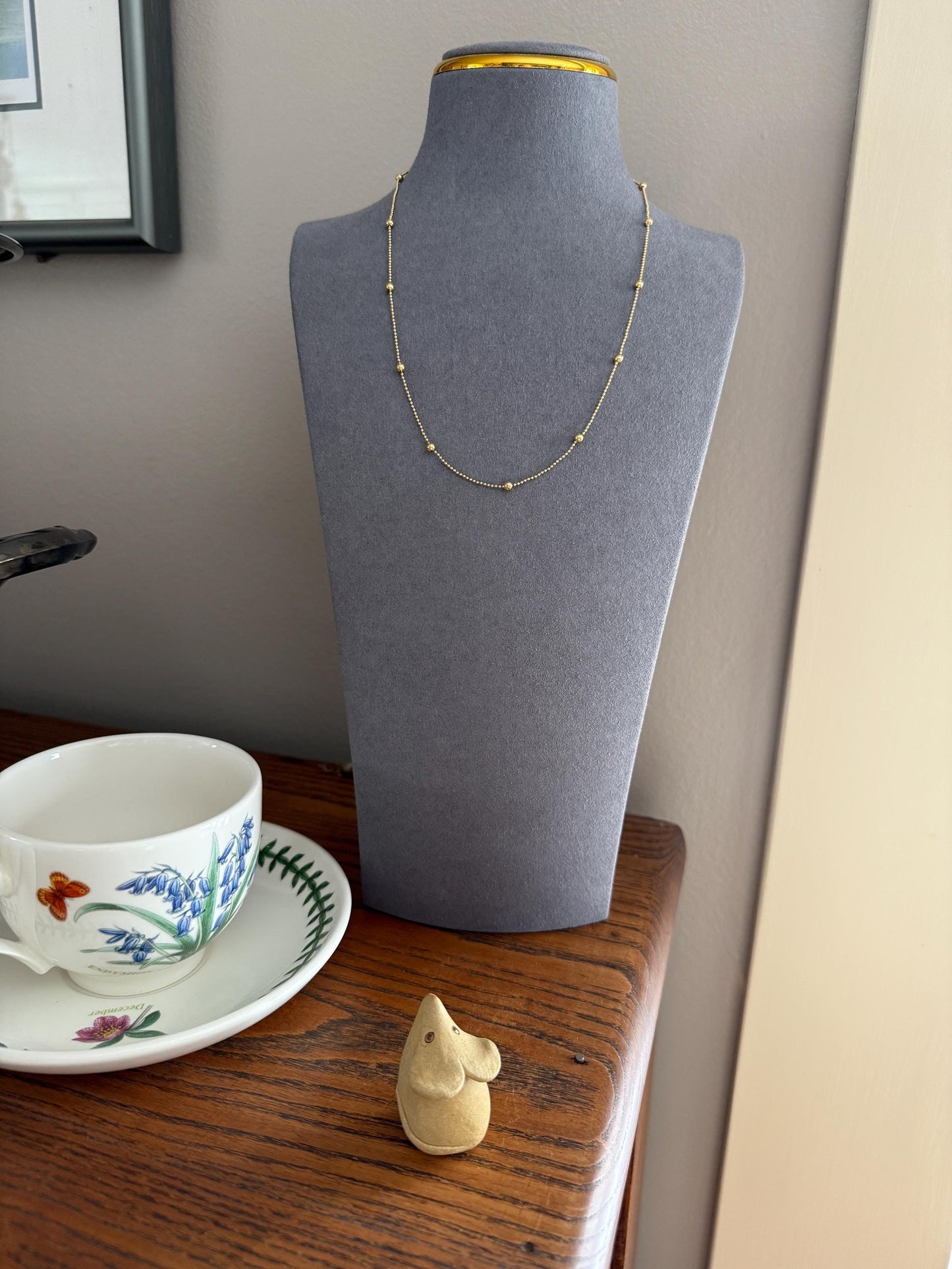 French Vintage Teeny Tiny Mini Bead 18k Gold Pearl 18" Chain Necklace Solid Ball Rivet Minimalist Layering Pendant Holder Shimmer Gift