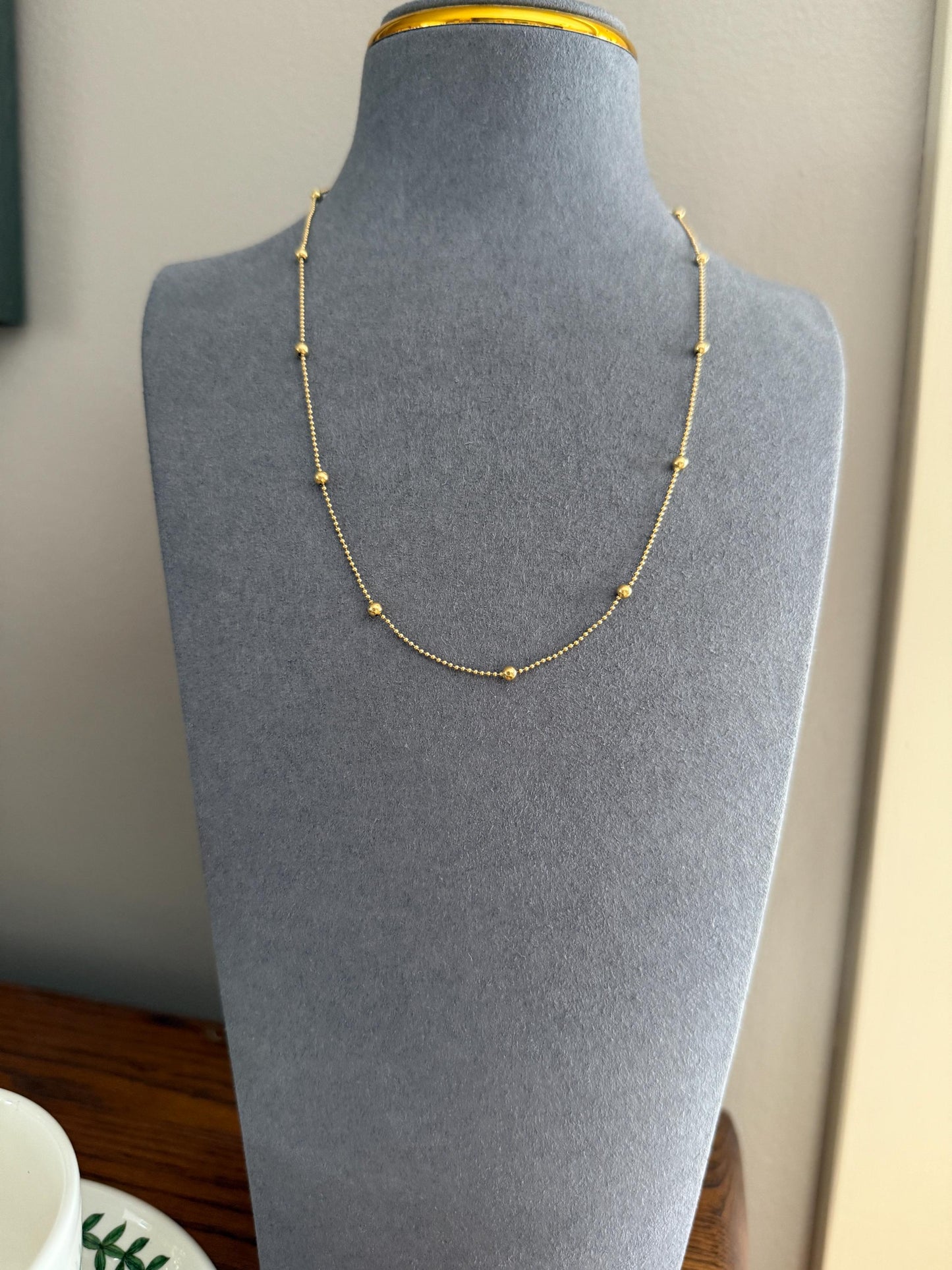 French Vintage Teeny Tiny Mini Bead 18k Gold Pearl 18" Chain Necklace Solid Ball Rivet Minimalist Layering Pendant Holder Shimmer Gift