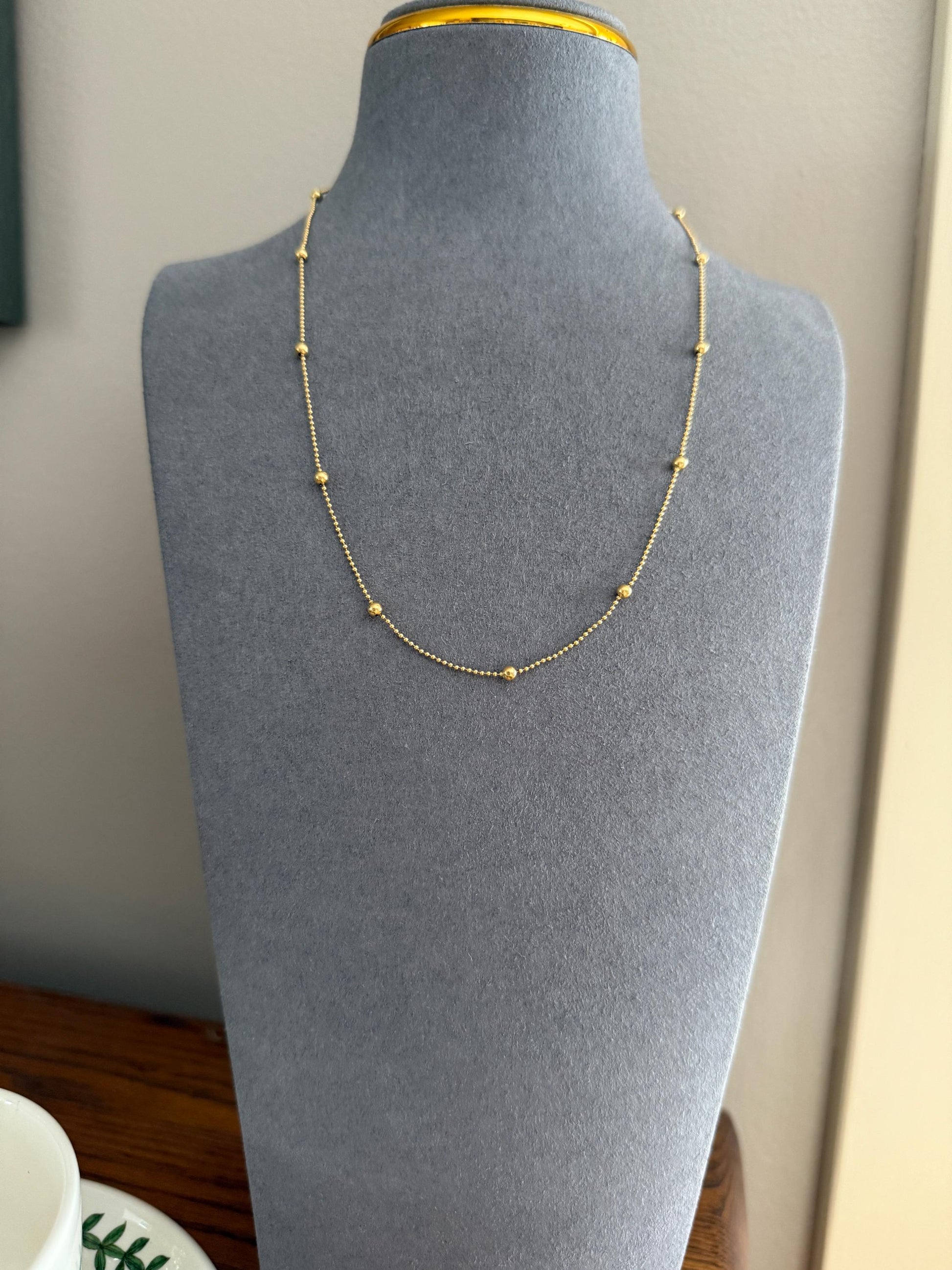 French Vintage Teeny Tiny Mini Bead 18k Gold Pearl 18" Chain Necklace Solid Ball Rivet Minimalist Layering Pendant Holder Shimmer Gift