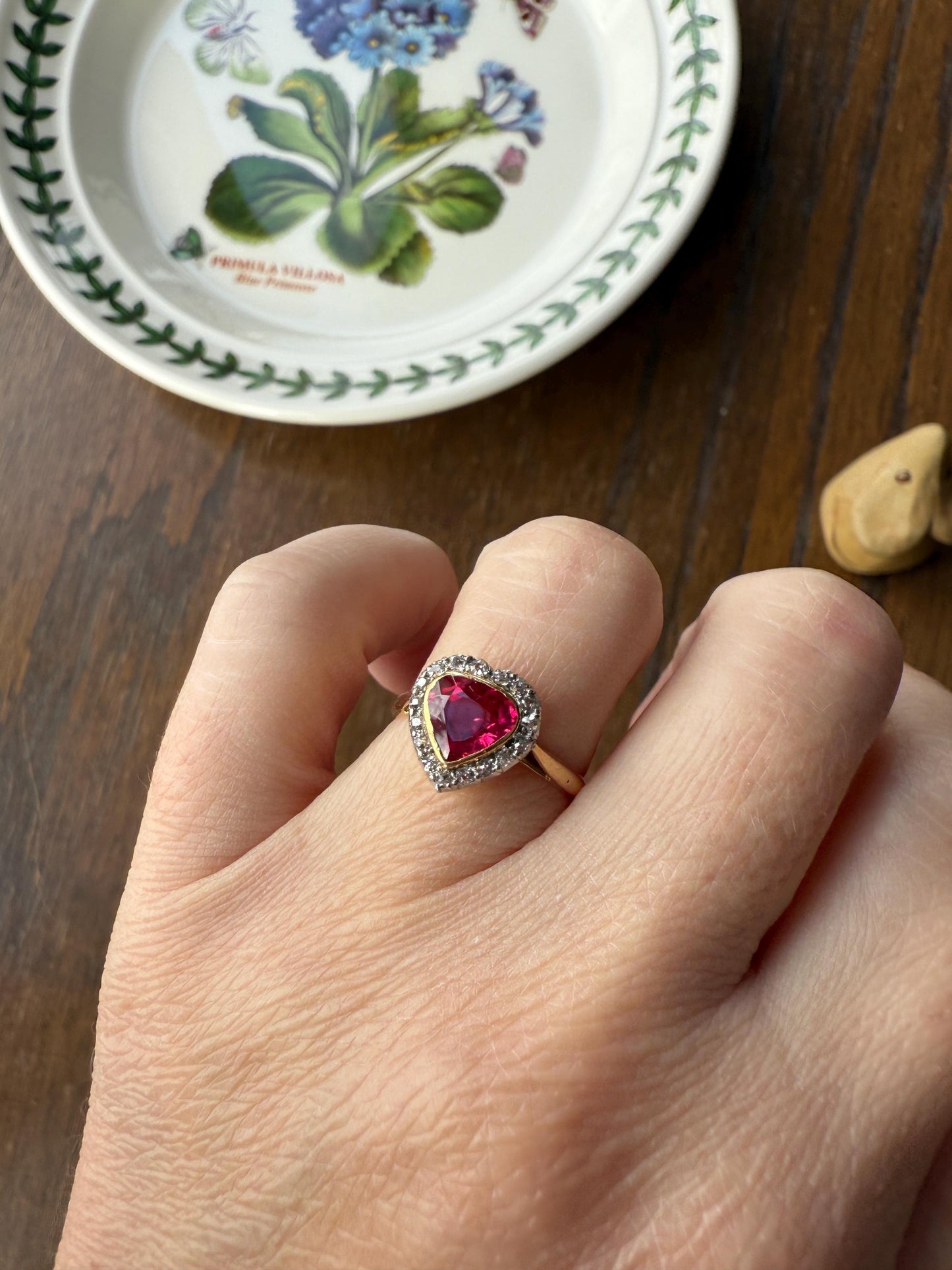 HEART French Antique Ruby Old Mine Cut Diamond 18k Gold Figural Halo Ring Pink Colorful Stacker Romantic Gift