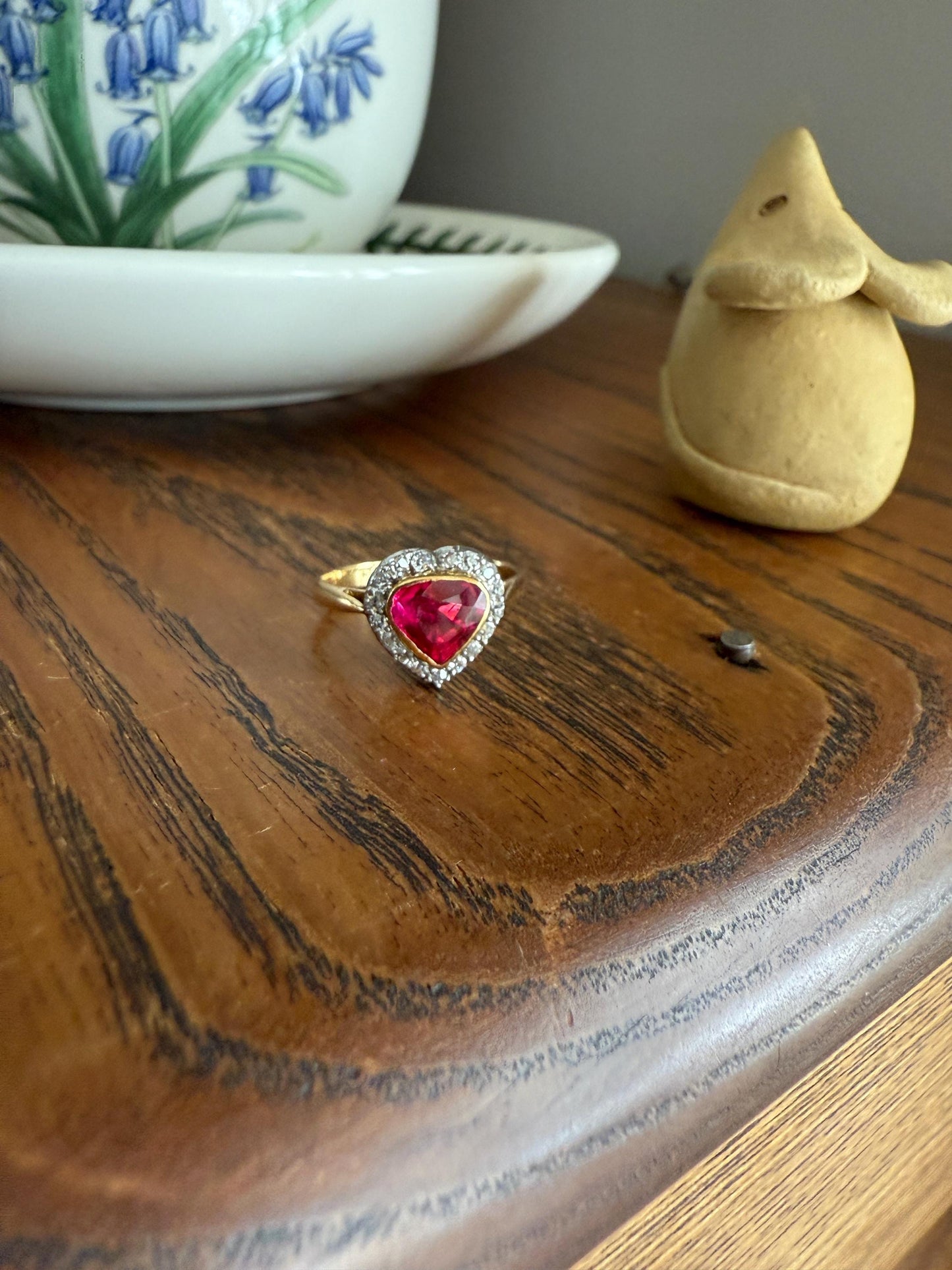 HEART French Antique Ruby Old Mine Cut Diamond 18k Gold Figural Halo Ring Pink Colorful Stacker Romantic Gift