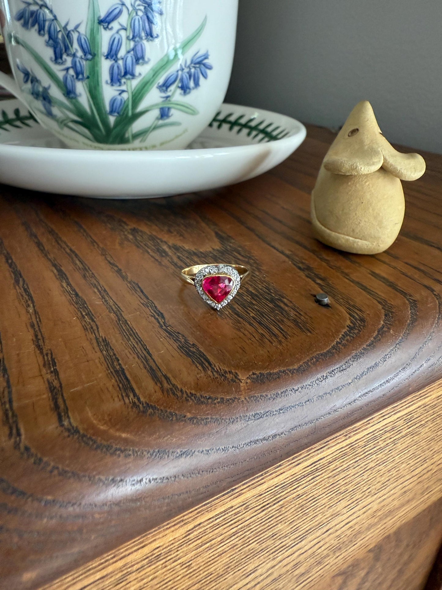 HEART French Antique Ruby Old Mine Cut Diamond 18k Gold Figural Halo Ring Pink Colorful Stacker Romantic Gift