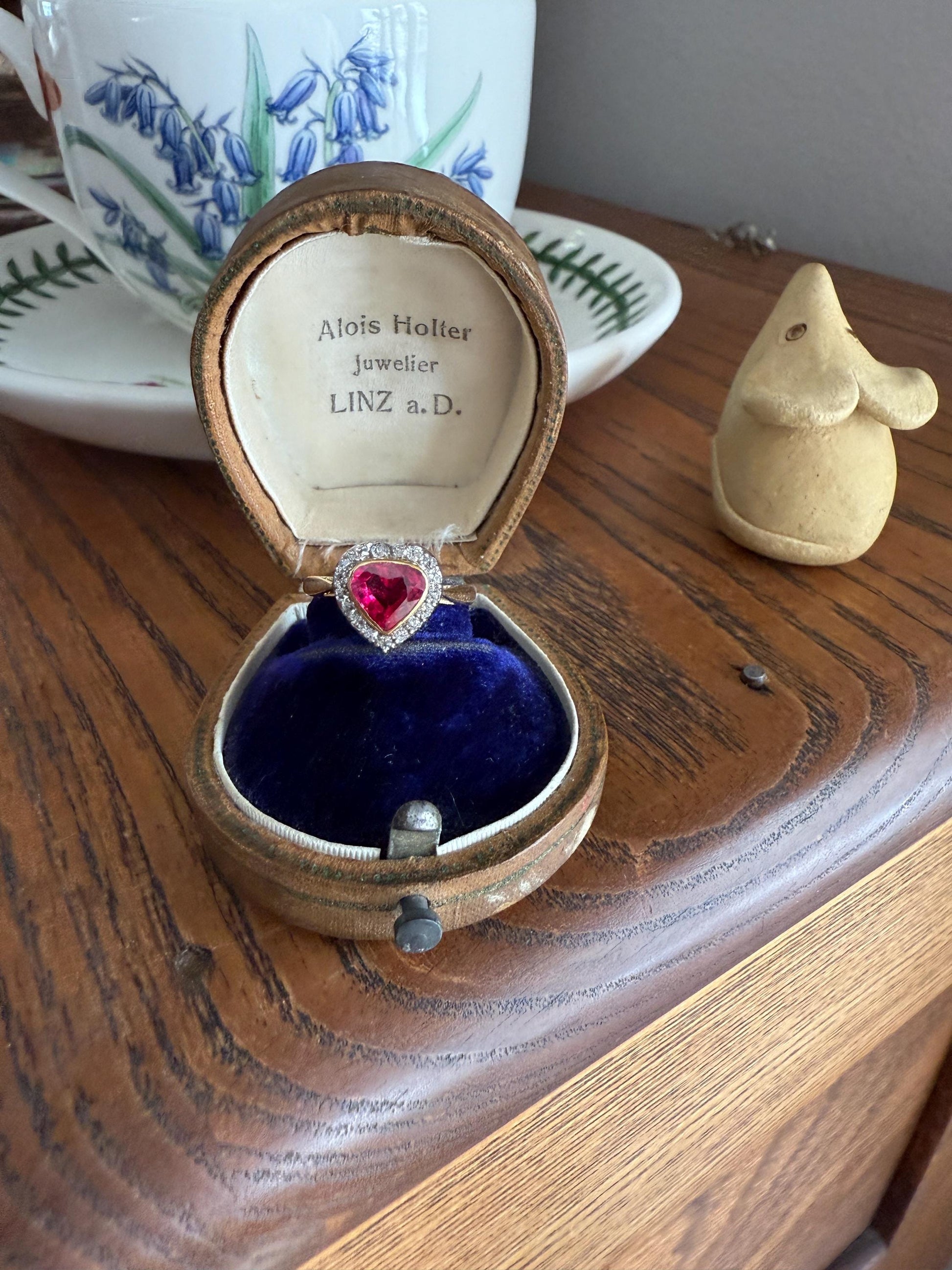 HEART French Antique Ruby Old Mine Cut Diamond 18k Gold Figural Halo Ring Pink Colorful Stacker Romantic Gift