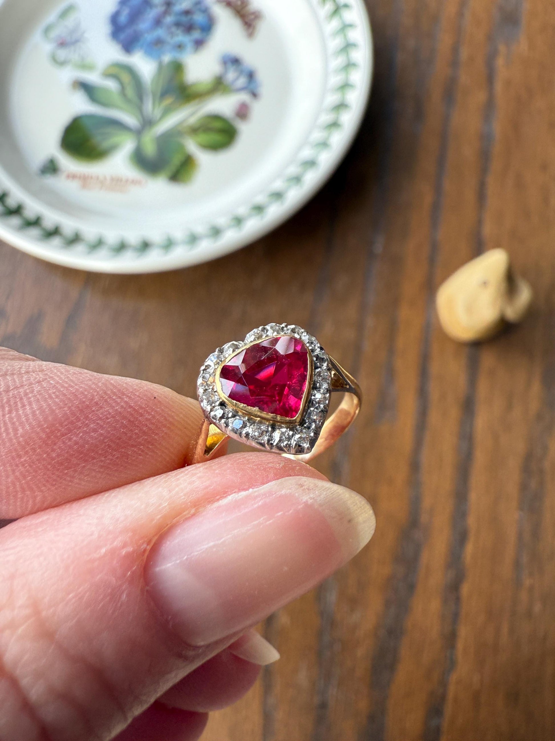 HEART French Antique Ruby Old Mine Cut Diamond 18k Gold Figural Halo Ring Pink Colorful Stacker Romantic Gift