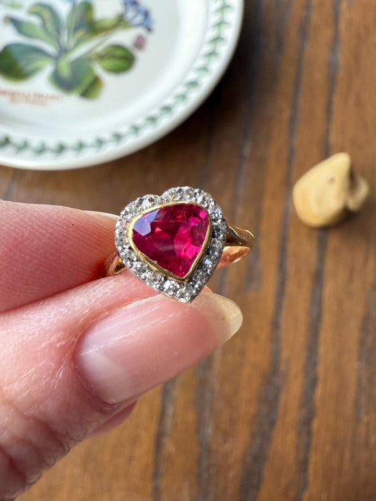 HEART French Antique Ruby Old Mine Cut Diamond 18k Gold Figural Halo Ring Pink Colorful Stacker Romantic Gift