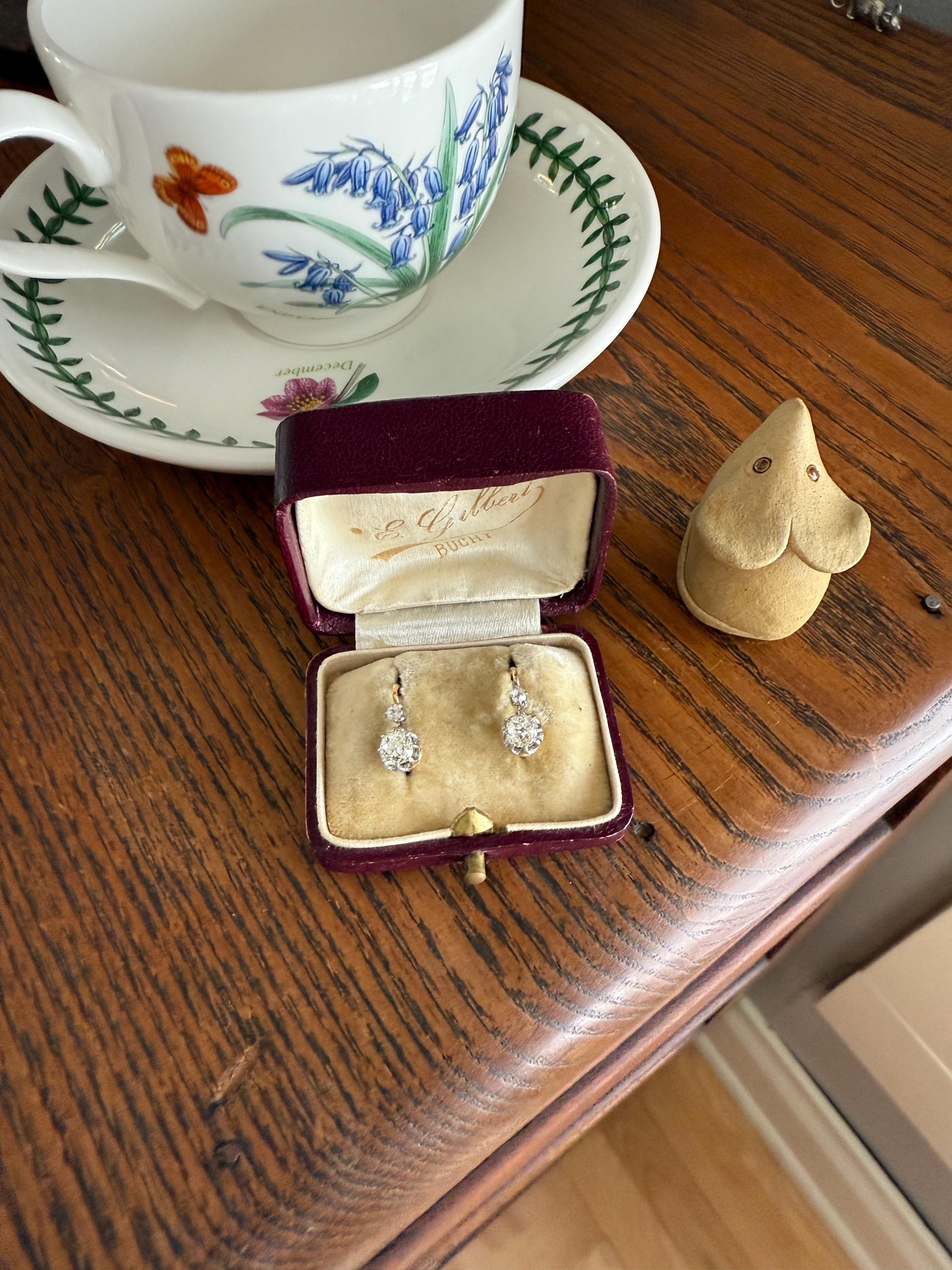 BOXED Antique 1.5 Carat Tdw Old Mine Cut Diamond Earrings 18k Gold French Victorian Dangle Dormeuse Gift Belle Epoque Bridal Something Old